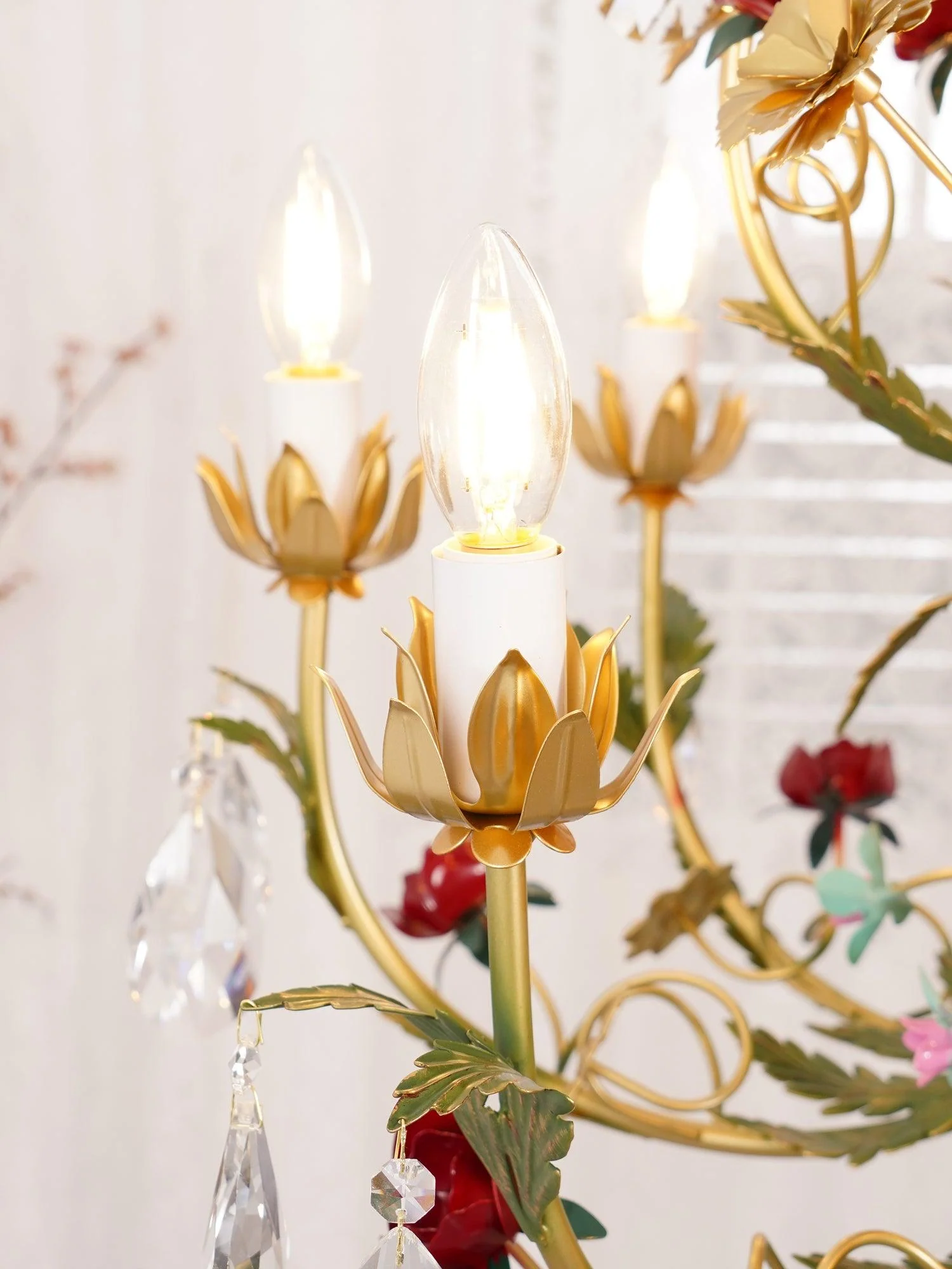 Lustra Chandelier Brass Floral Rose Crystal Candle - Image 14