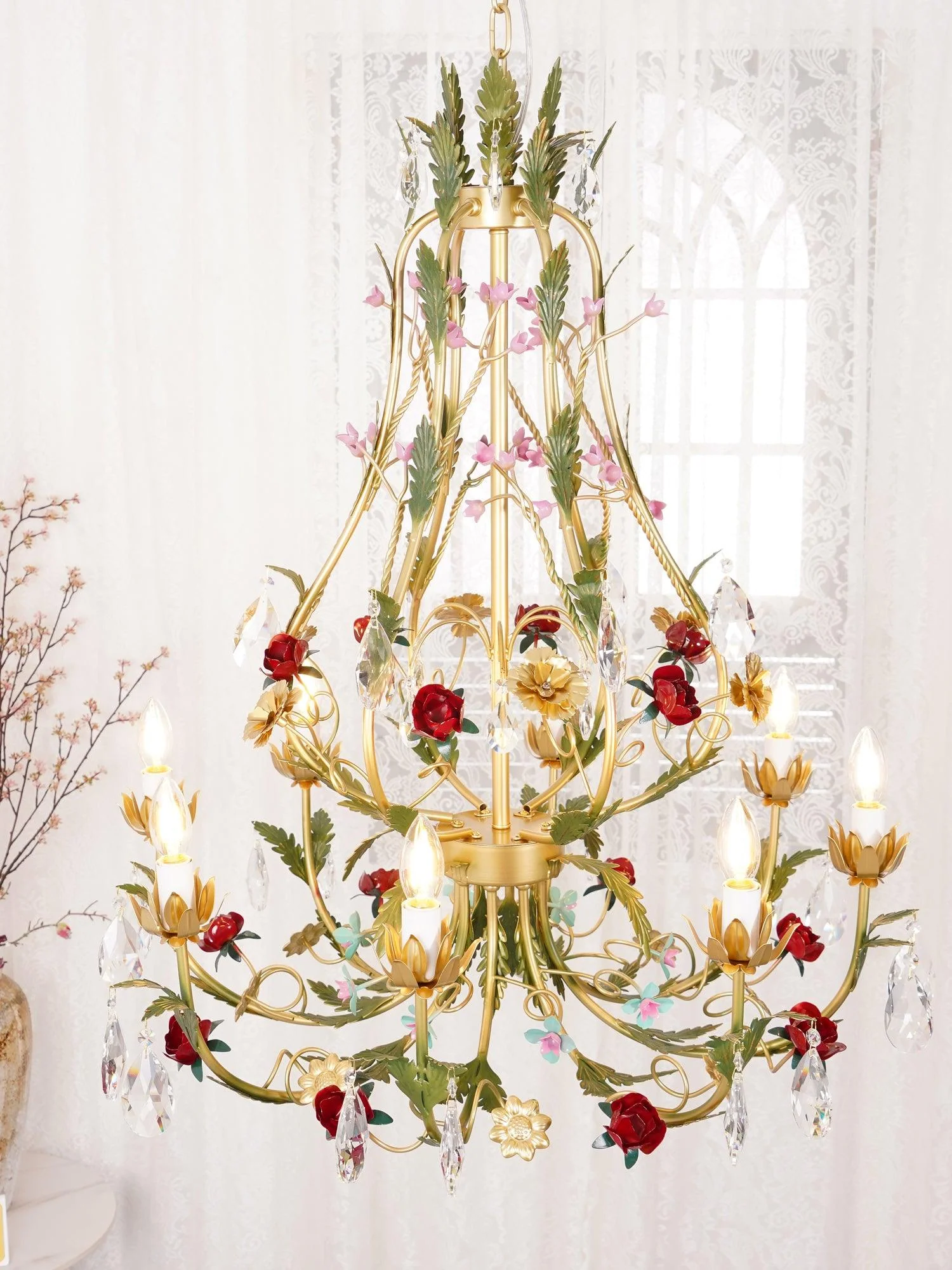 Lustra Chandelier Brass Floral Rose Crystal Candle - Image 15