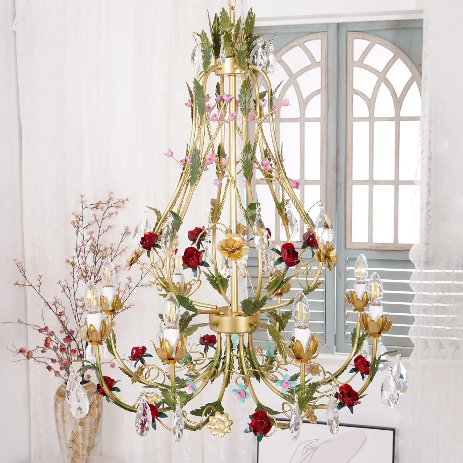Lustra Chandelier Brass Floral Rose Crystal Candle - Image 17