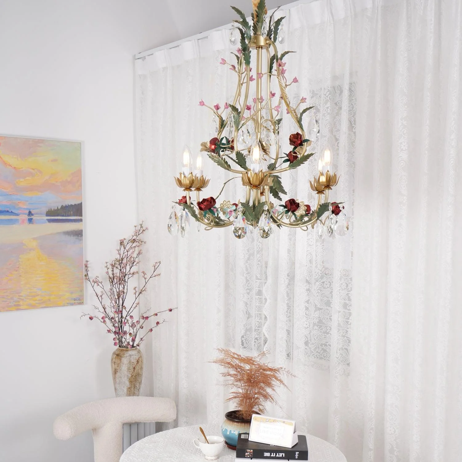 Lustra Chandelier Brass Floral Rose Crystal Candle - Image 2