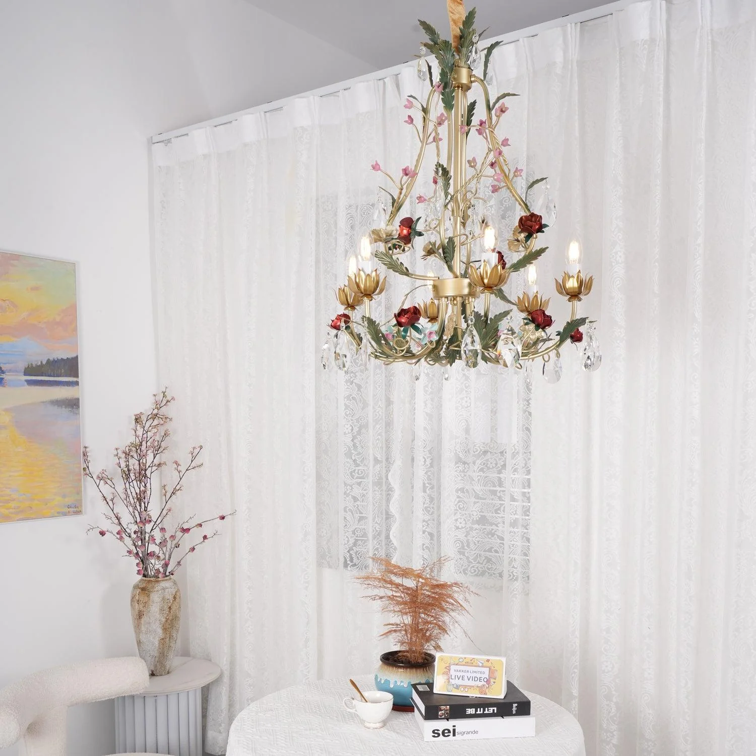 Lustra Chandelier Brass Floral Rose Crystal Candle - Image 3