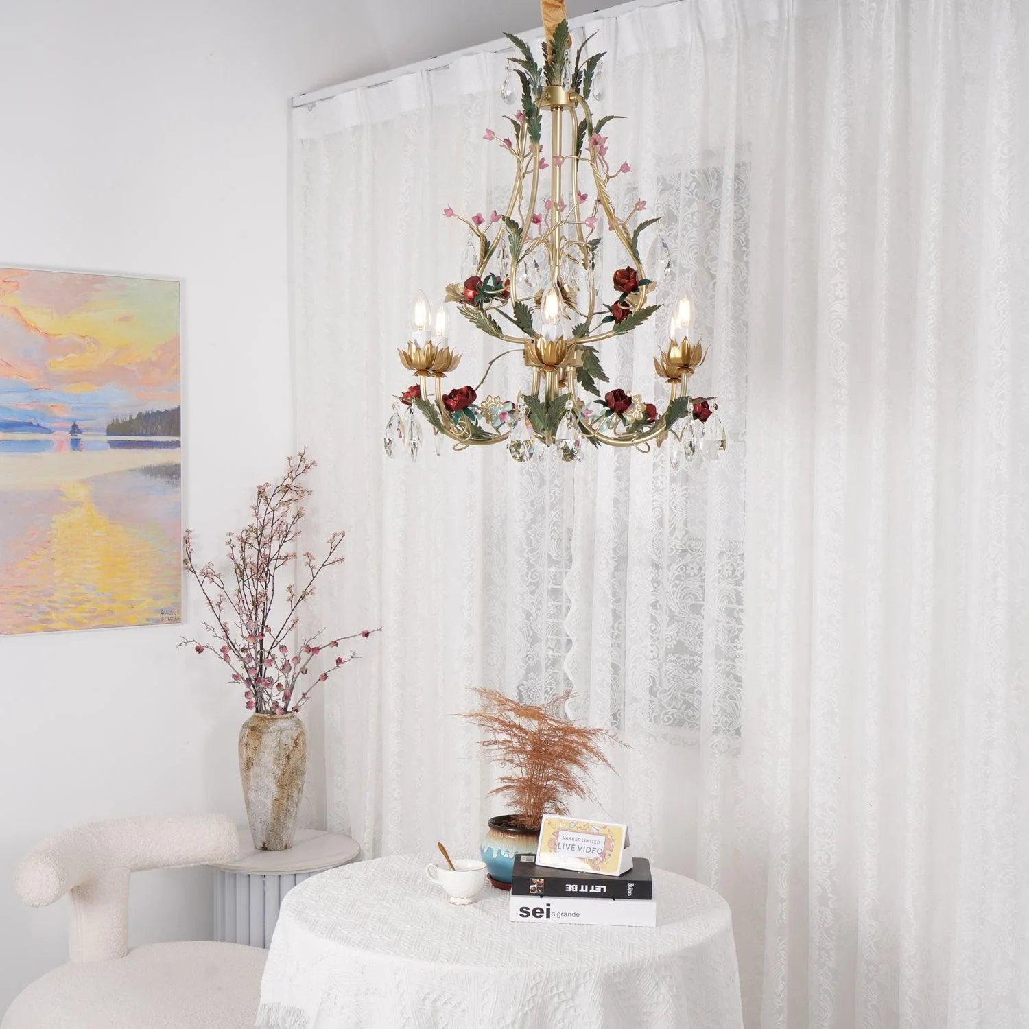 Lustra Chandelier Brass Floral Rose Crystal Candle - Image 6