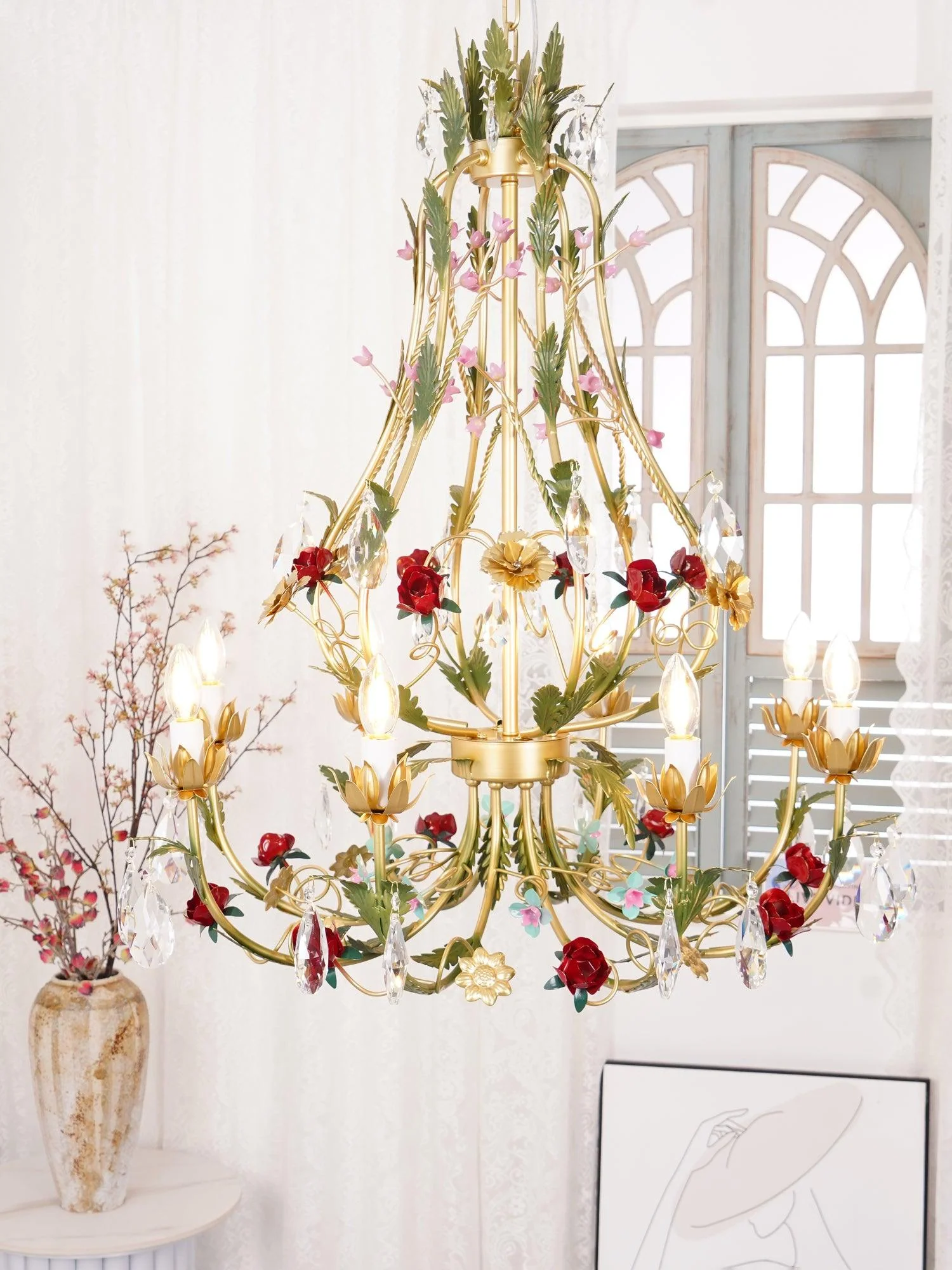 Lustra Chandelier Brass Floral Rose Crystal Candle - Image 7