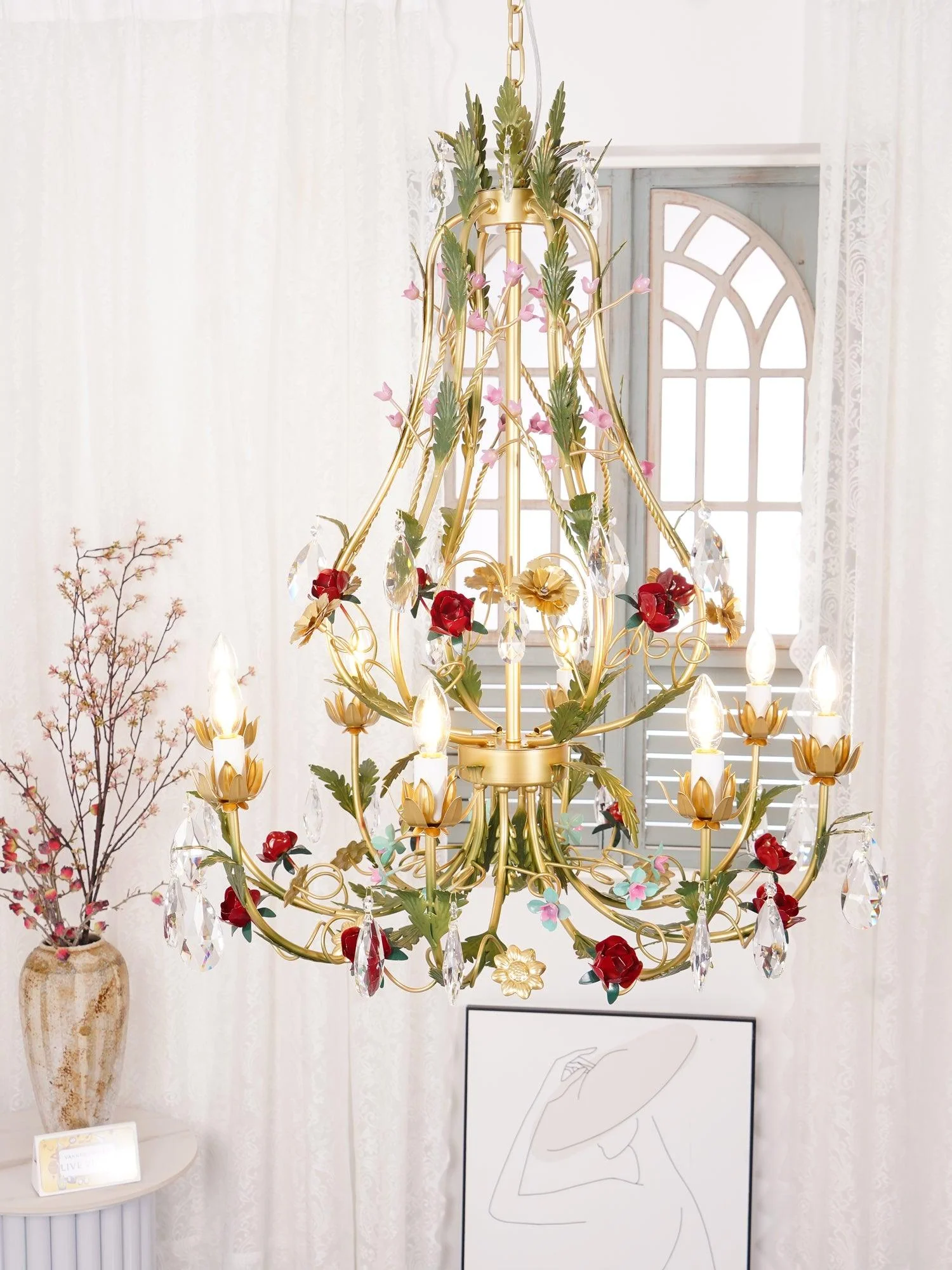 Lustra Chandelier Brass Floral Rose Crystal Candle - Image 8