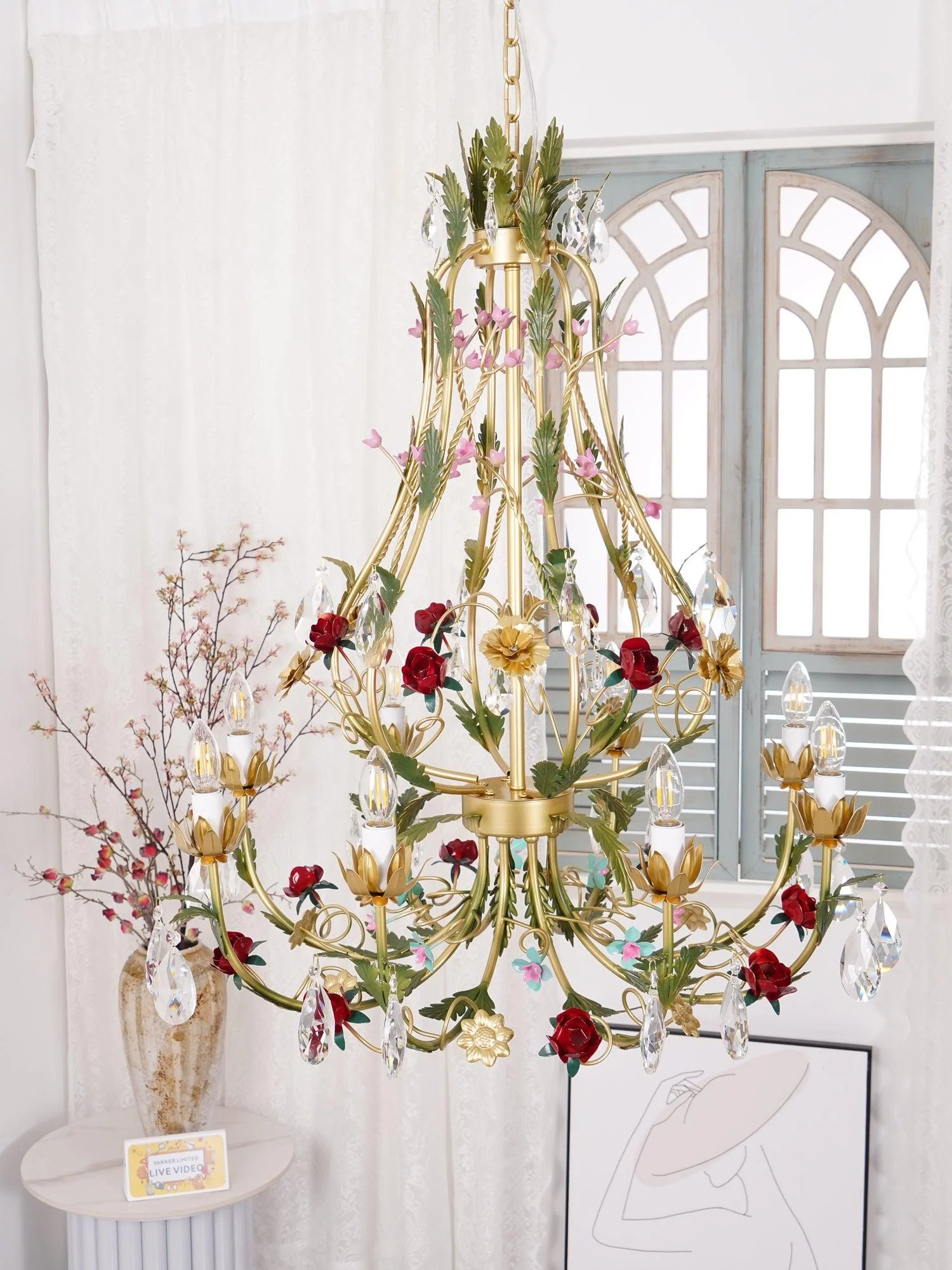 Lustra Chandelier Brass Floral Rose Crystal Candle - Image 9