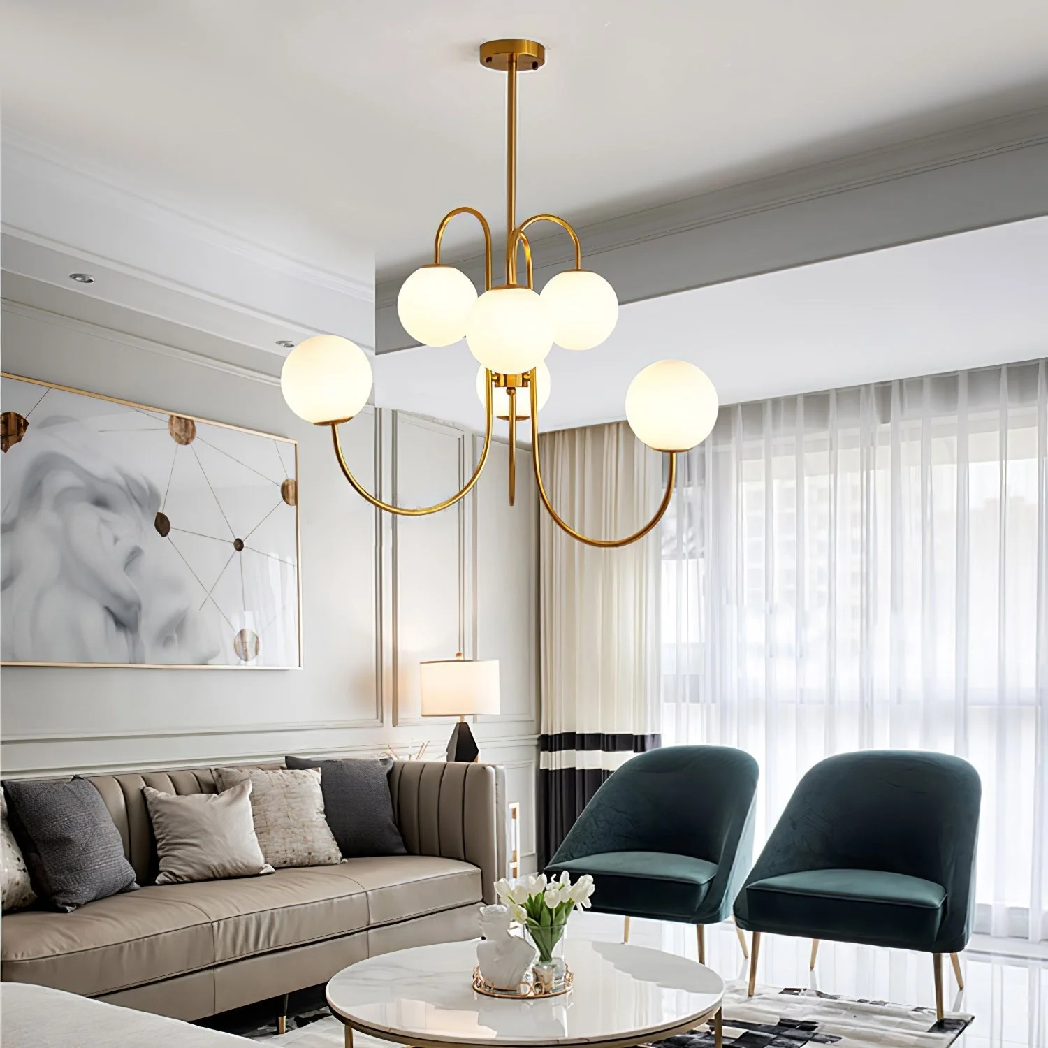 Lustra Chandelier Brass Globe Cluster Curved Arm - Image 30