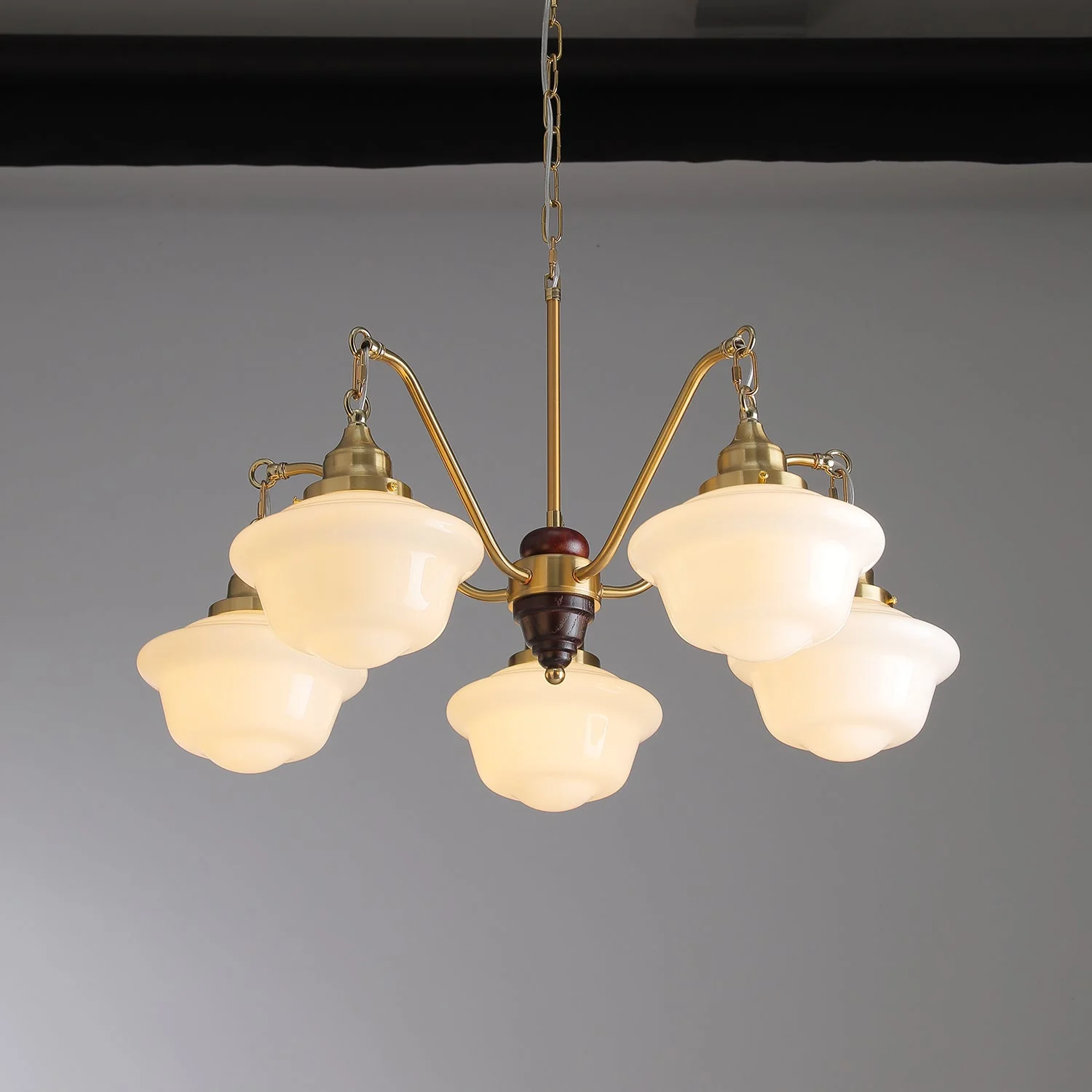 Lustra Chandelier Brass Wood Frosted Glass Classic - Image 25