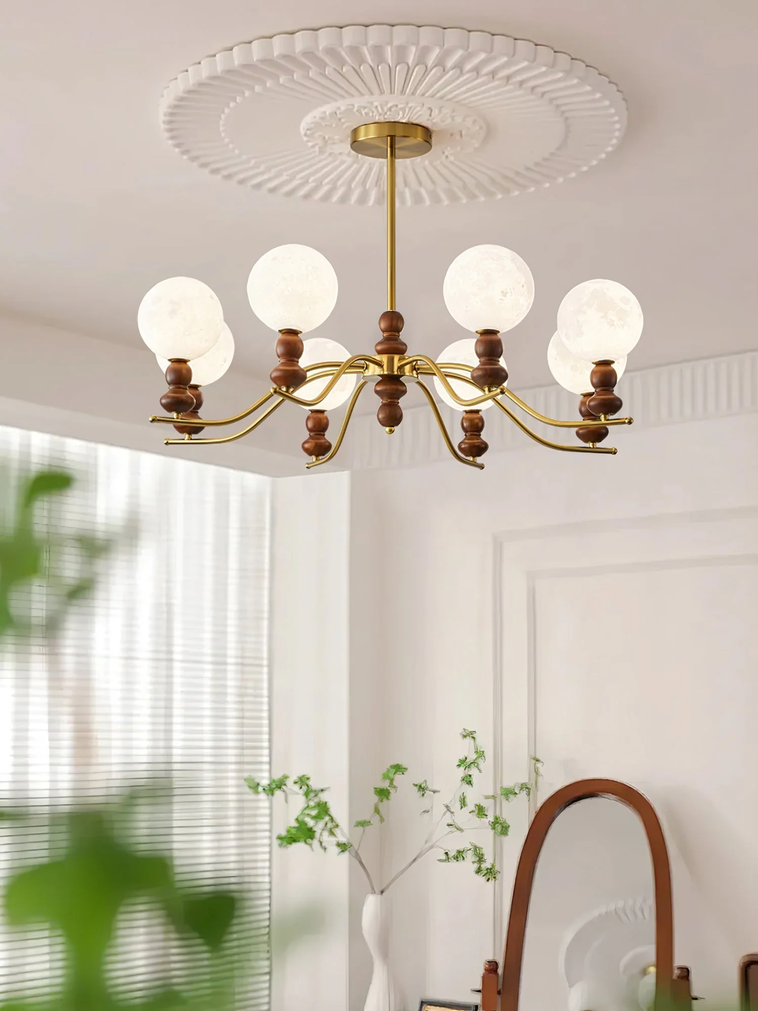 Lustra Chandelier Brass Wood Moon Globe Elegant - Image 21