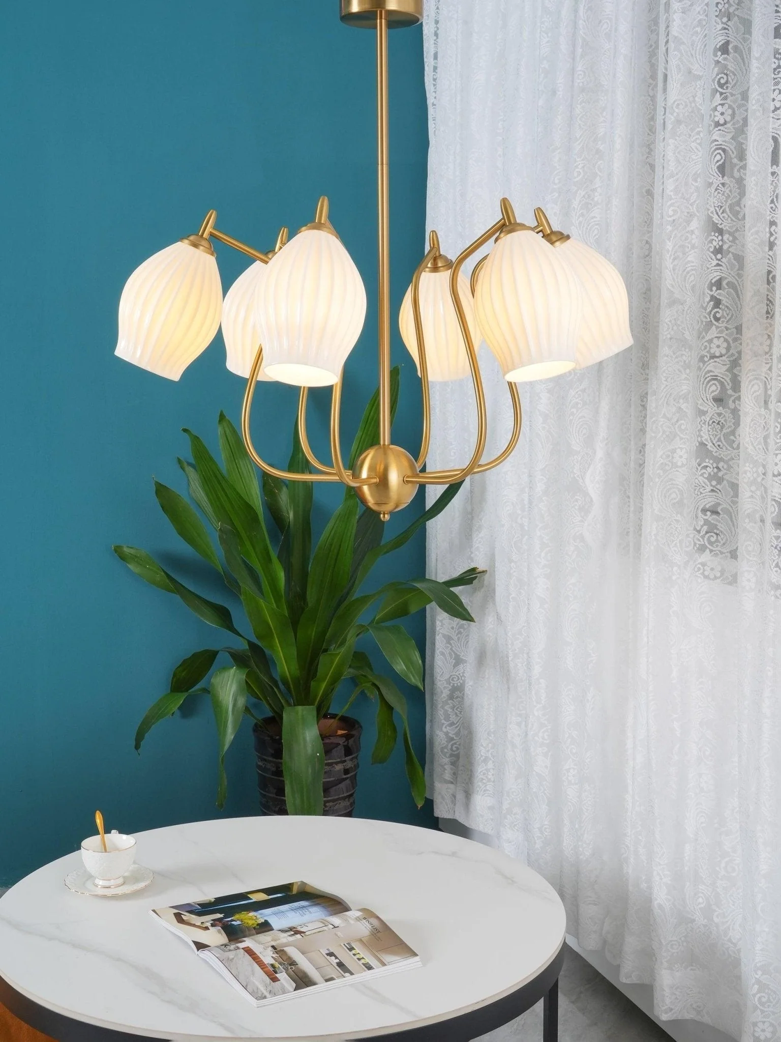 Lustra Chandelier Ceramic Ribbed Sculptural Glass Elegant - Image 12