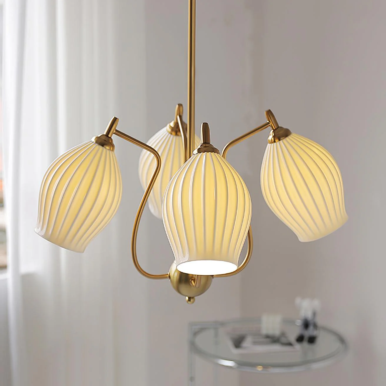 Lustra Chandelier Ceramic Ribbed Sculptural Glass Elegant - Image 4