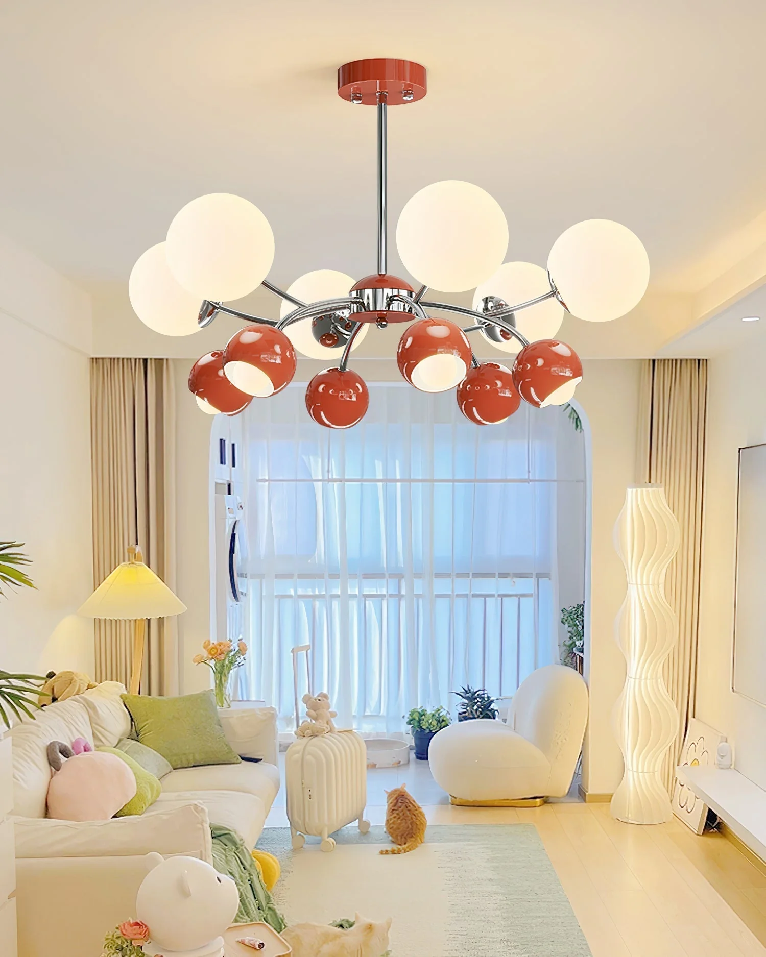 Lustra Chandelier Chrome Red Cream Globe - Image 23