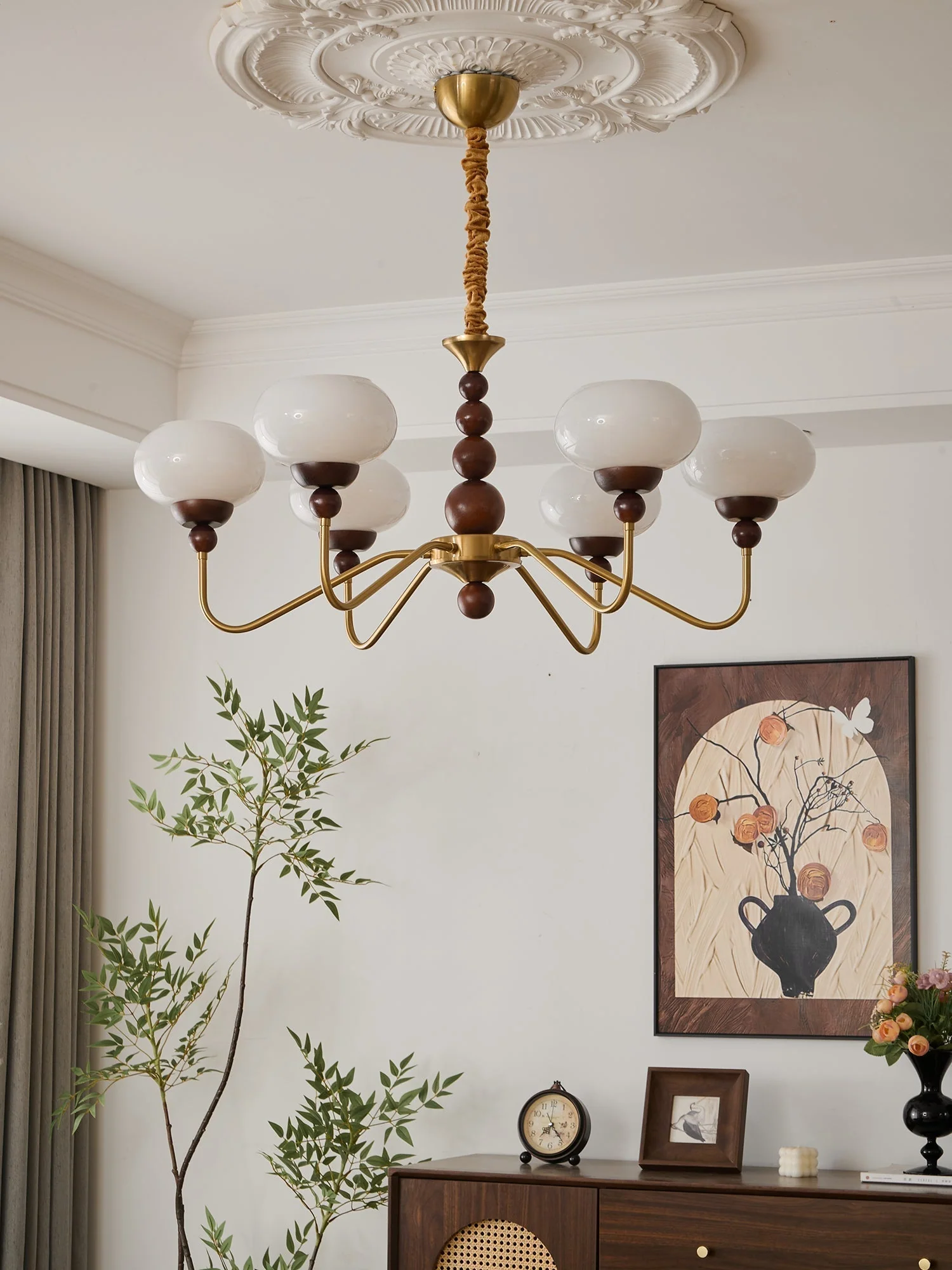 Lustra Chandelier Glass Wood Brass Modern 6-Light - Image 10