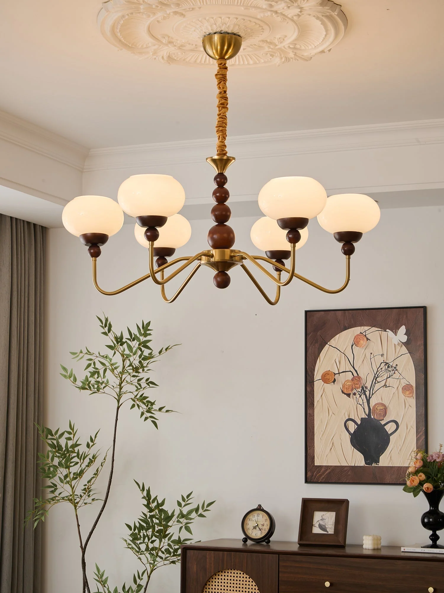 Lustra Chandelier Glass Wood Brass Modern 6-Light - Image 11