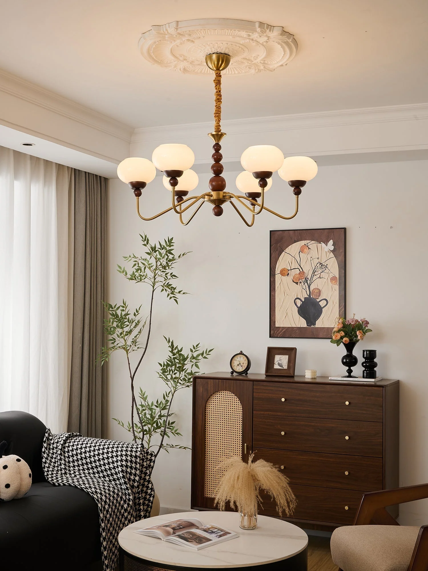 Lustra Chandelier Glass Wood Brass Modern 6-Light - Image 14