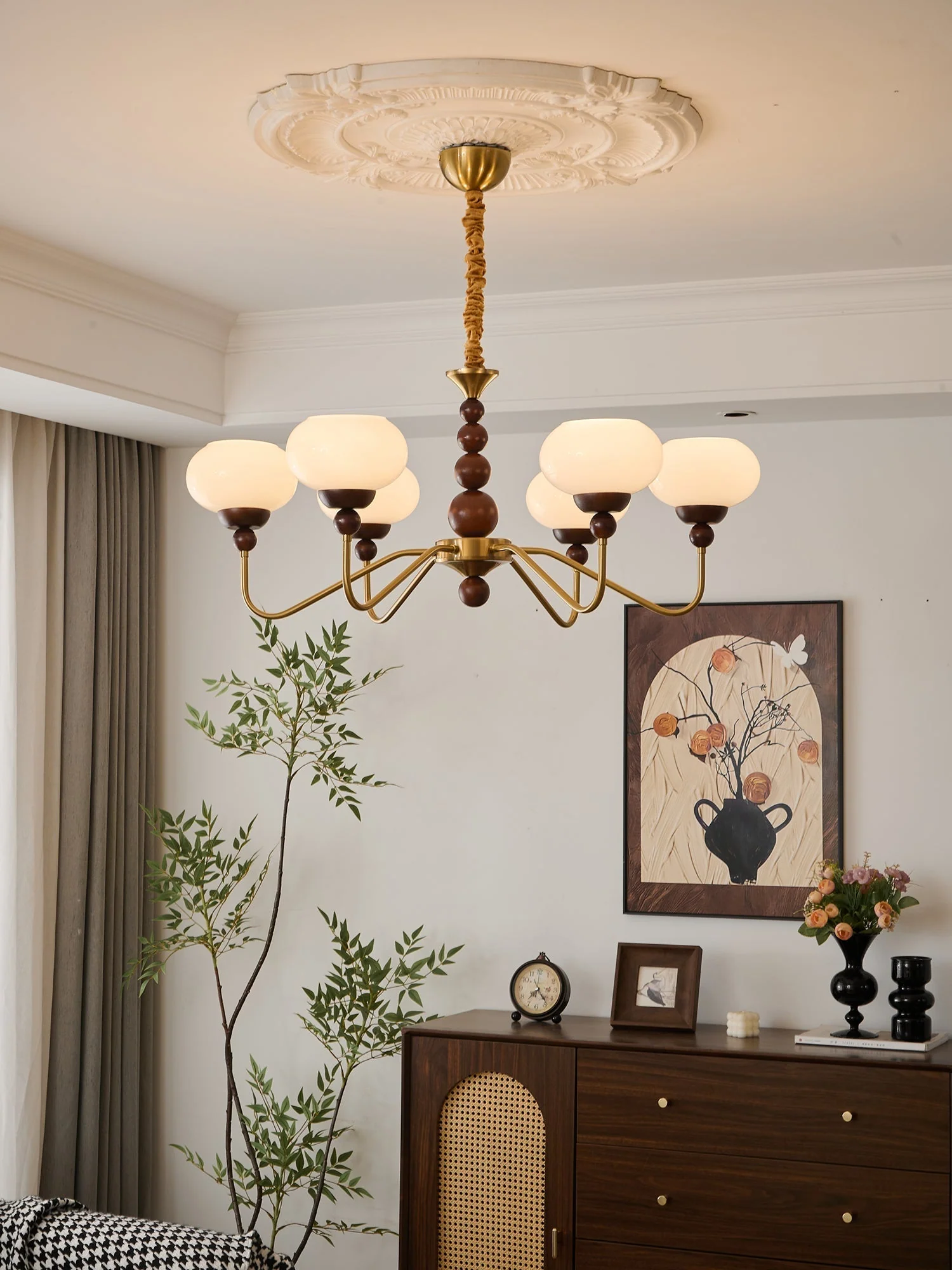 Lustra Chandelier Glass Wood Brass Modern 6-Light - Image 15