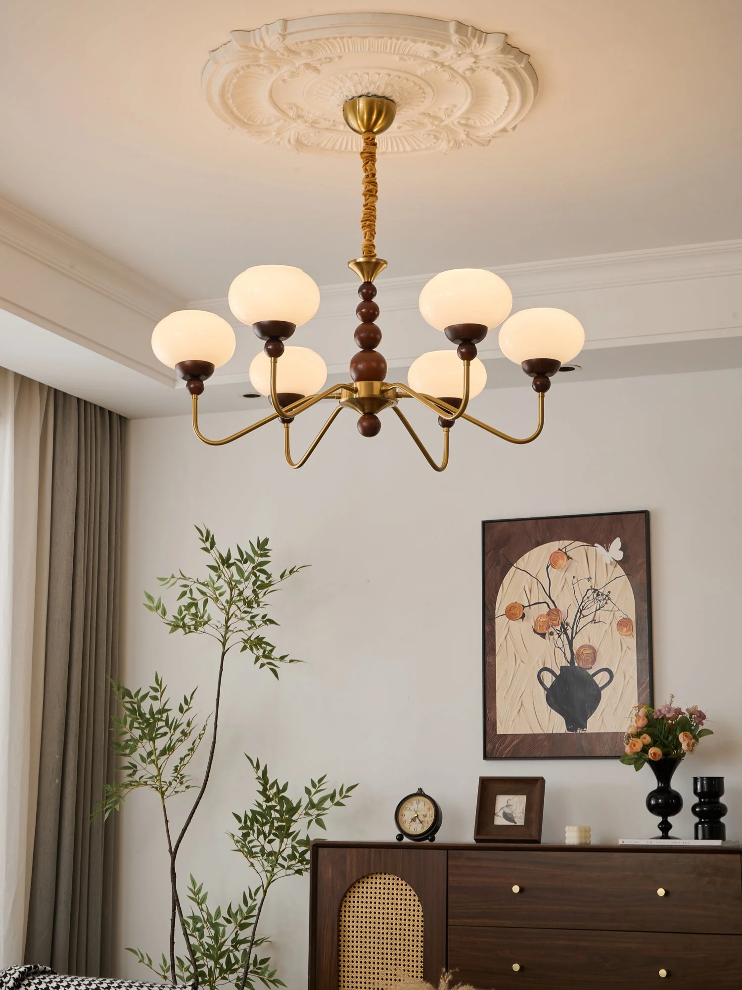 Lustra Chandelier Glass Wood Brass Modern 6-Light - Image 17
