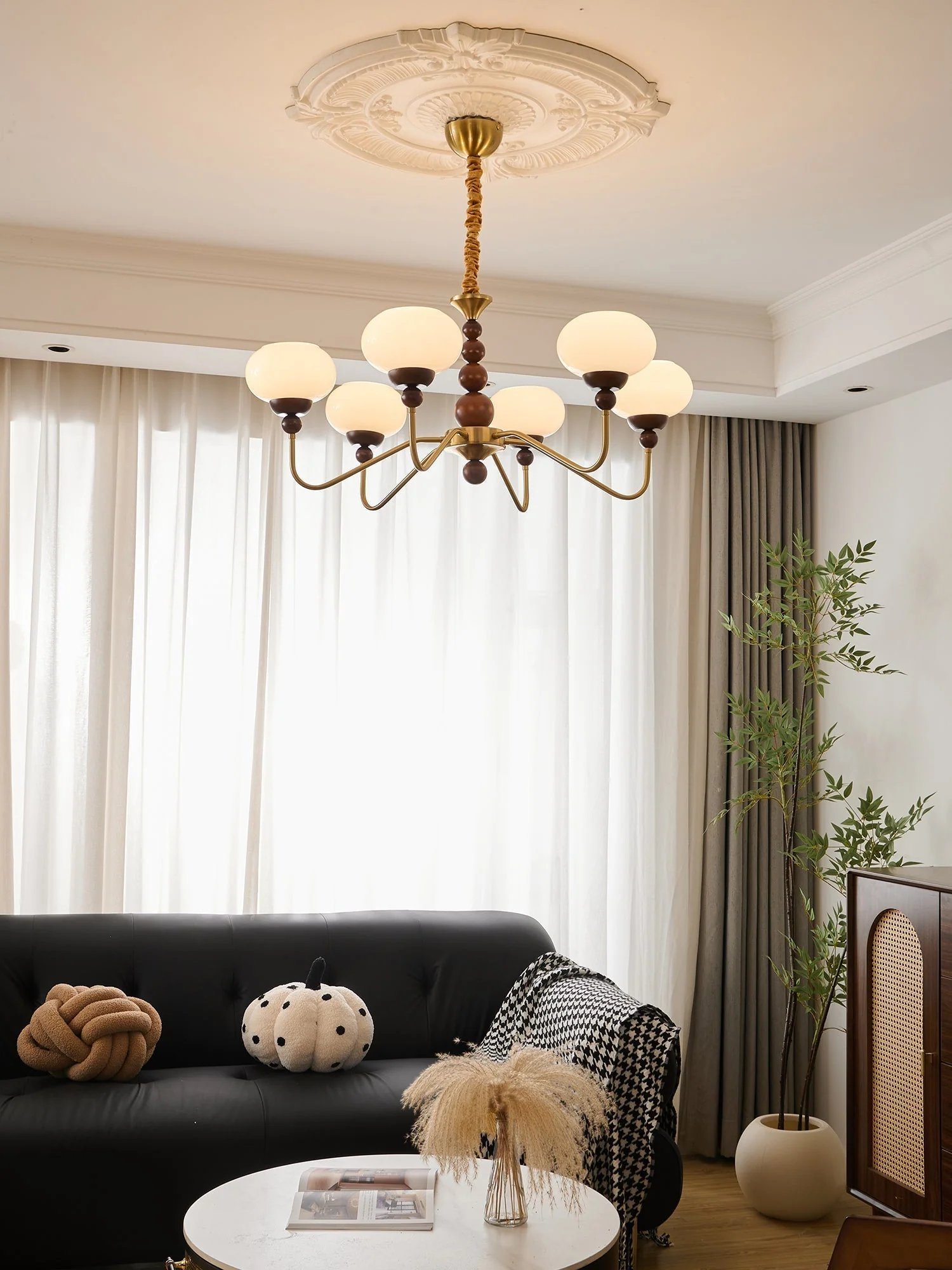 Lustra Chandelier Glass Wood Brass Modern 6-Light - Image 19