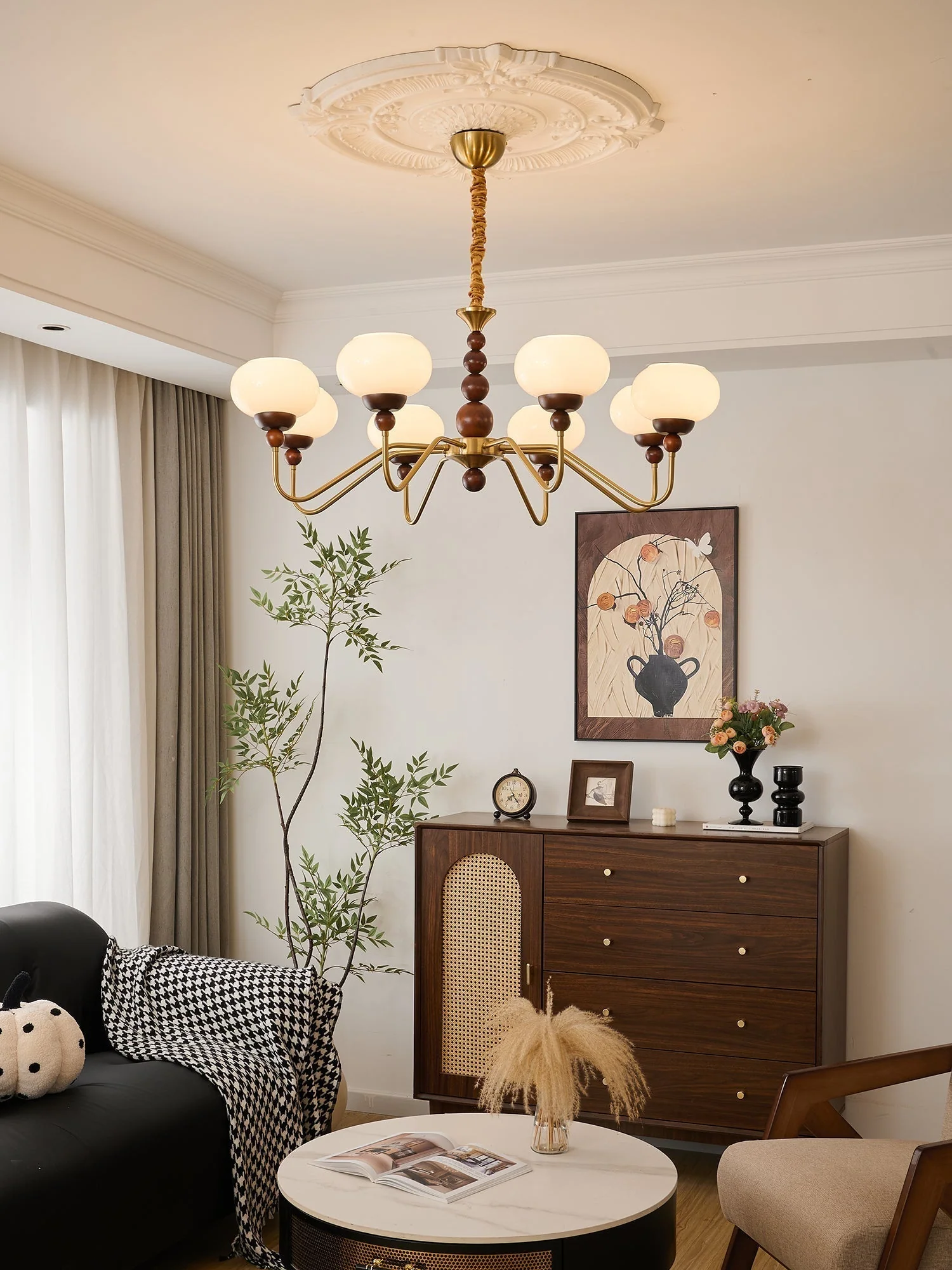 Lustra Chandelier Glass Wood Brass Modern 6-Light - Image 2