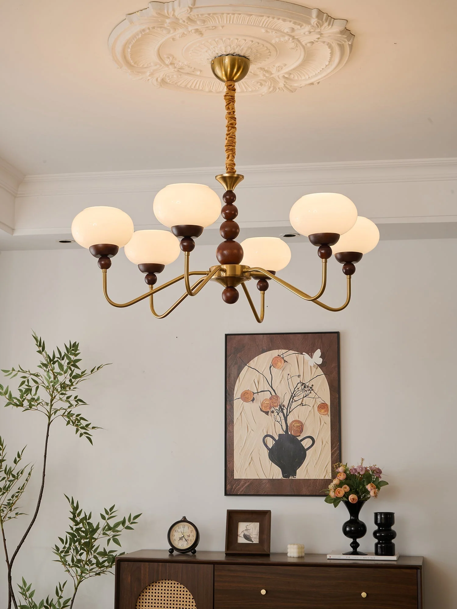 Lustra Chandelier Glass Wood Brass Modern 6-Light - Image 21