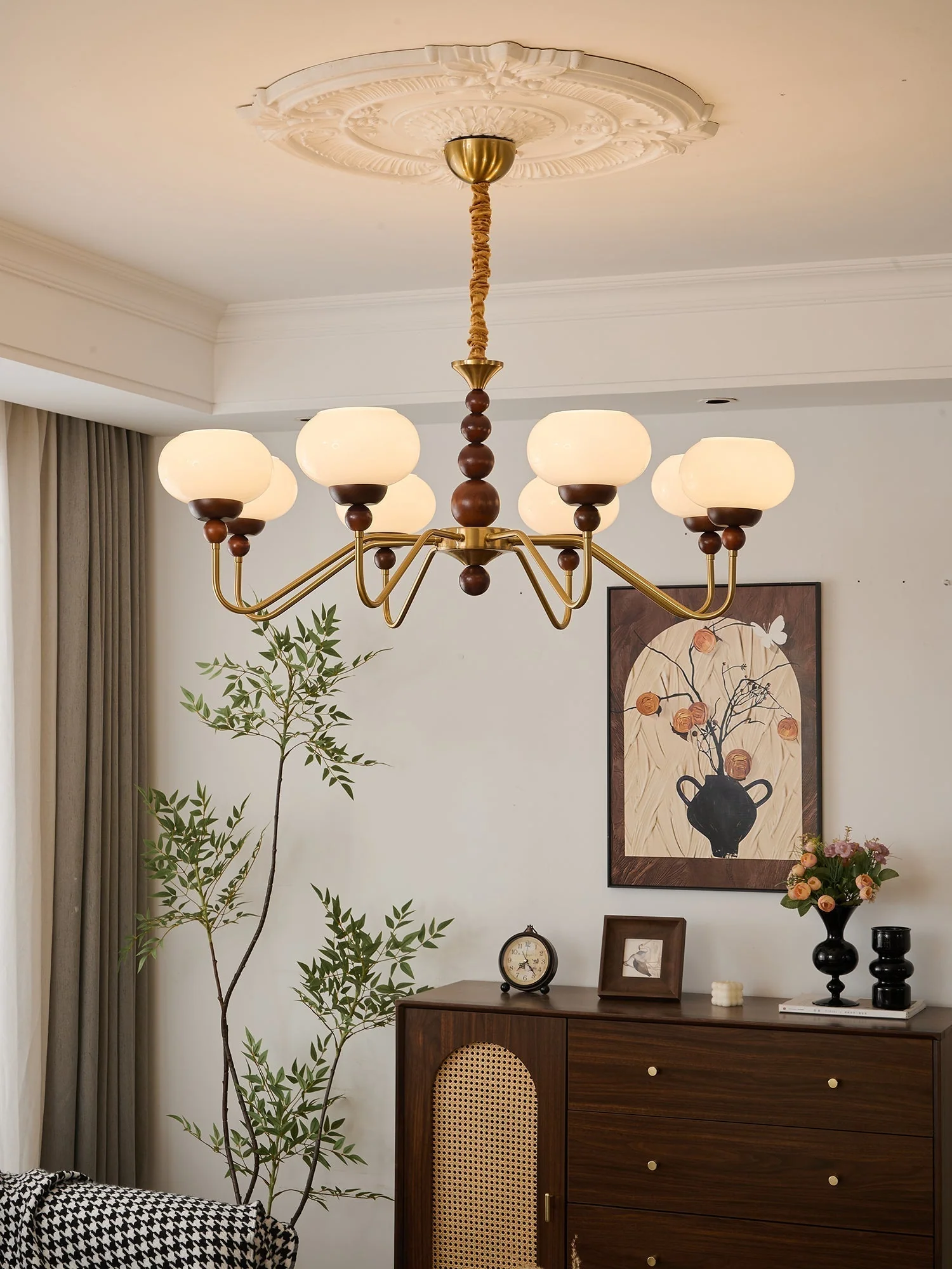 Lustra Chandelier Glass Wood Brass Modern 6-Light - Image 3
