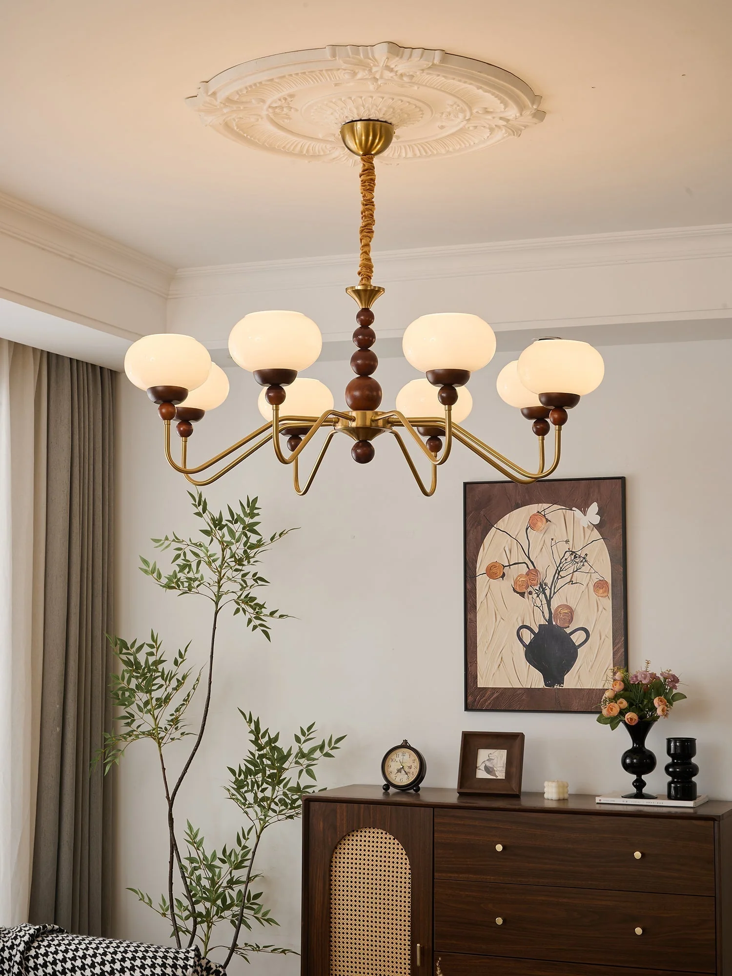 Lustra Chandelier Glass Wood Brass Modern 6-Light - Image 37