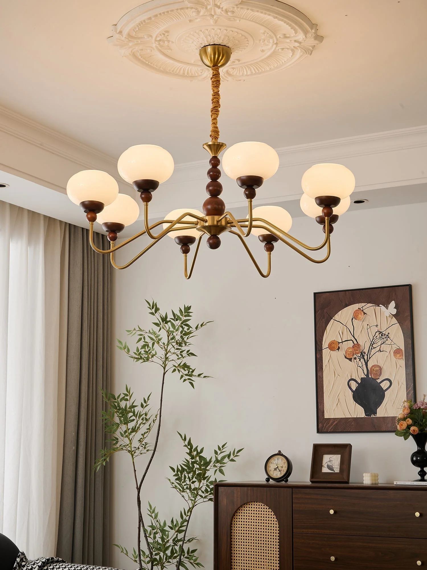 Lustra Chandelier Glass Wood Brass Modern 6-Light - Image 5