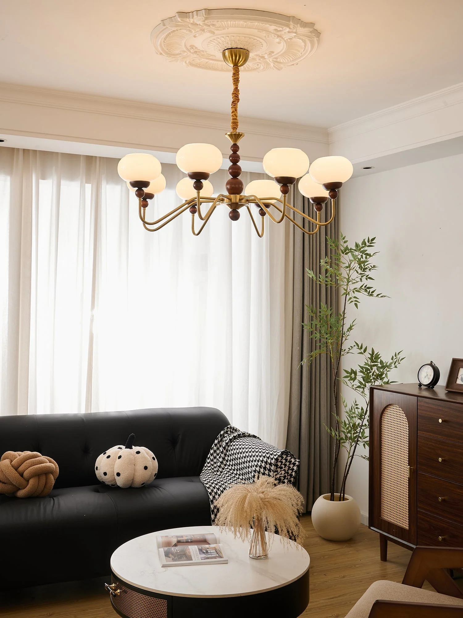 Lustra Chandelier Glass Wood Brass Modern 6-Light - Image 6