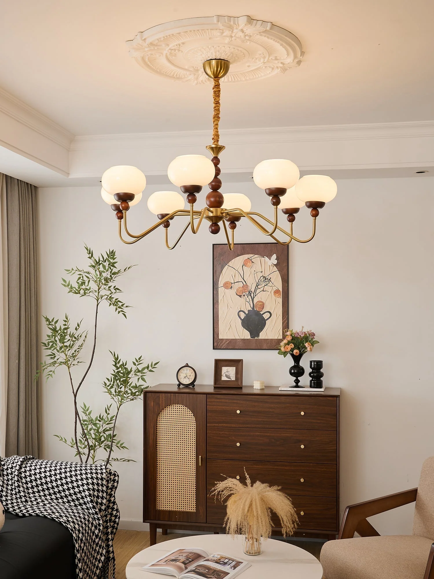 Lustra Chandelier Glass Wood Brass Modern 6-Light - Image 7