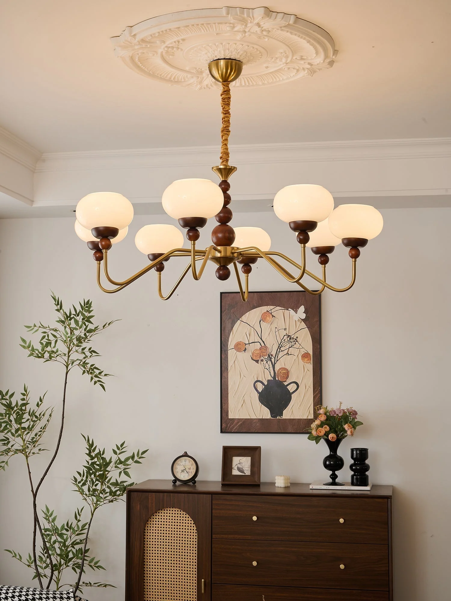 Lustra Chandelier Glass Wood Brass Modern 6-Light - Image 8