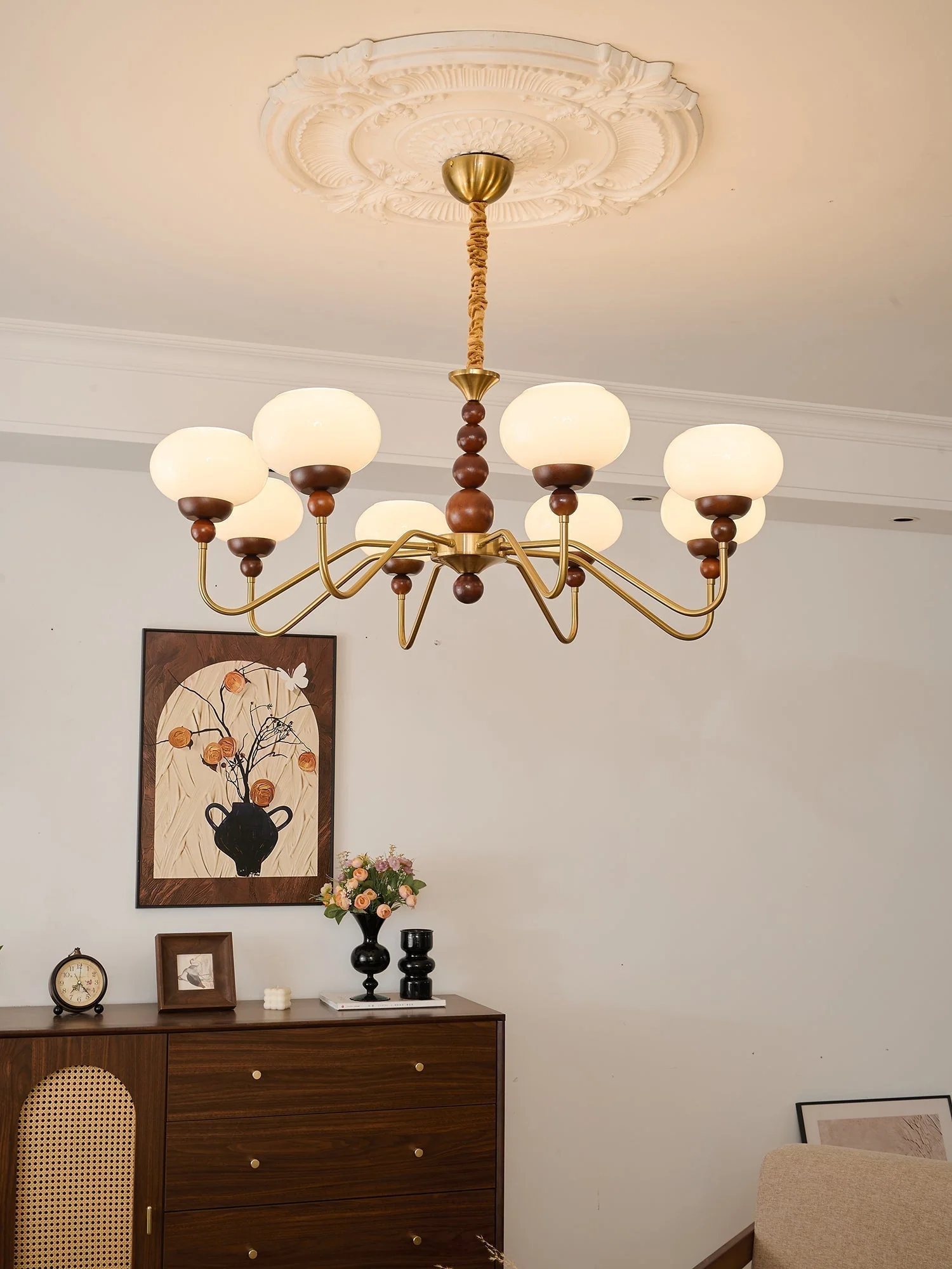 Lustra Chandelier Glass Wood Brass Modern 6-Light - Image 9