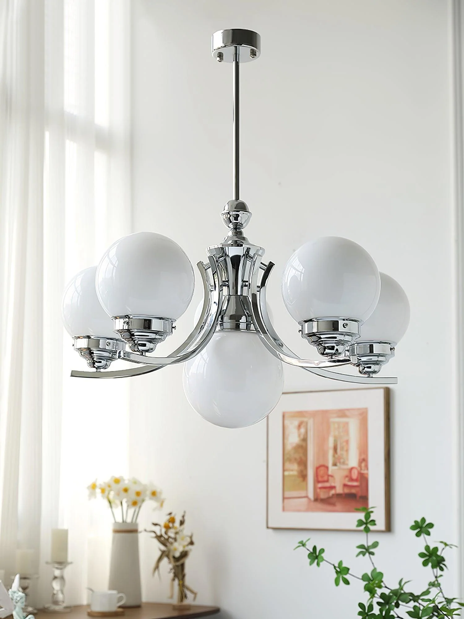 Lustra Chandelier Globe Chrome Modern 5-Light - Image 12
