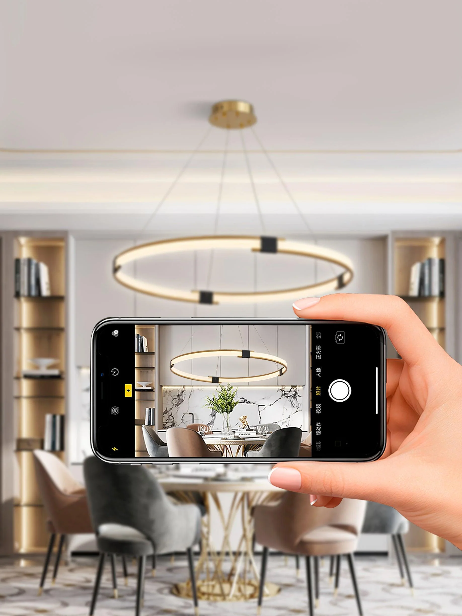 Lustra Chandelier Gold Ring LED Halo Modern - Image 13