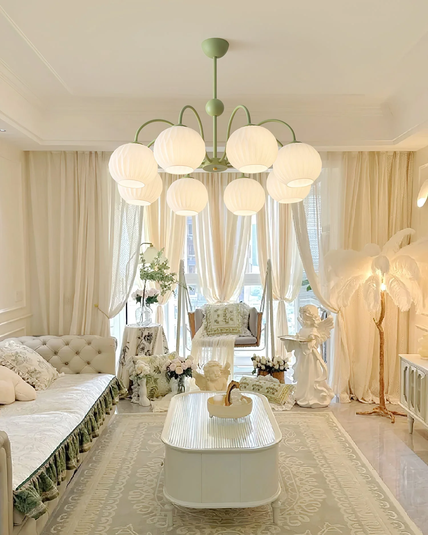 Lustra Chandelier Green Ribbed Glass Modern 8-Light - Image 20