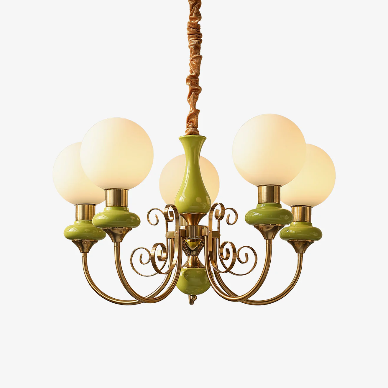 Lustra Chandelier Green Shades Gold Curved Arms