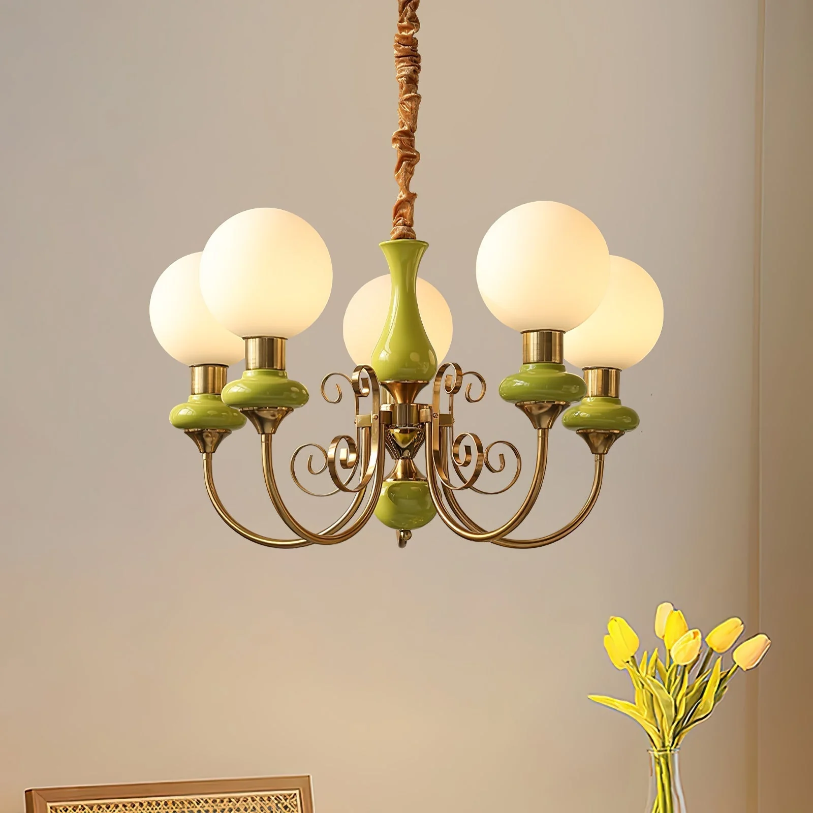 Lustra Chandelier Green Shades Gold Curved Arms - Image 100