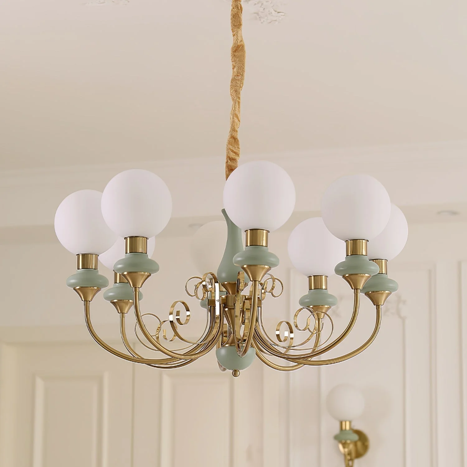 Lustra Chandelier Green Shades Gold Curved Arms - Image 101