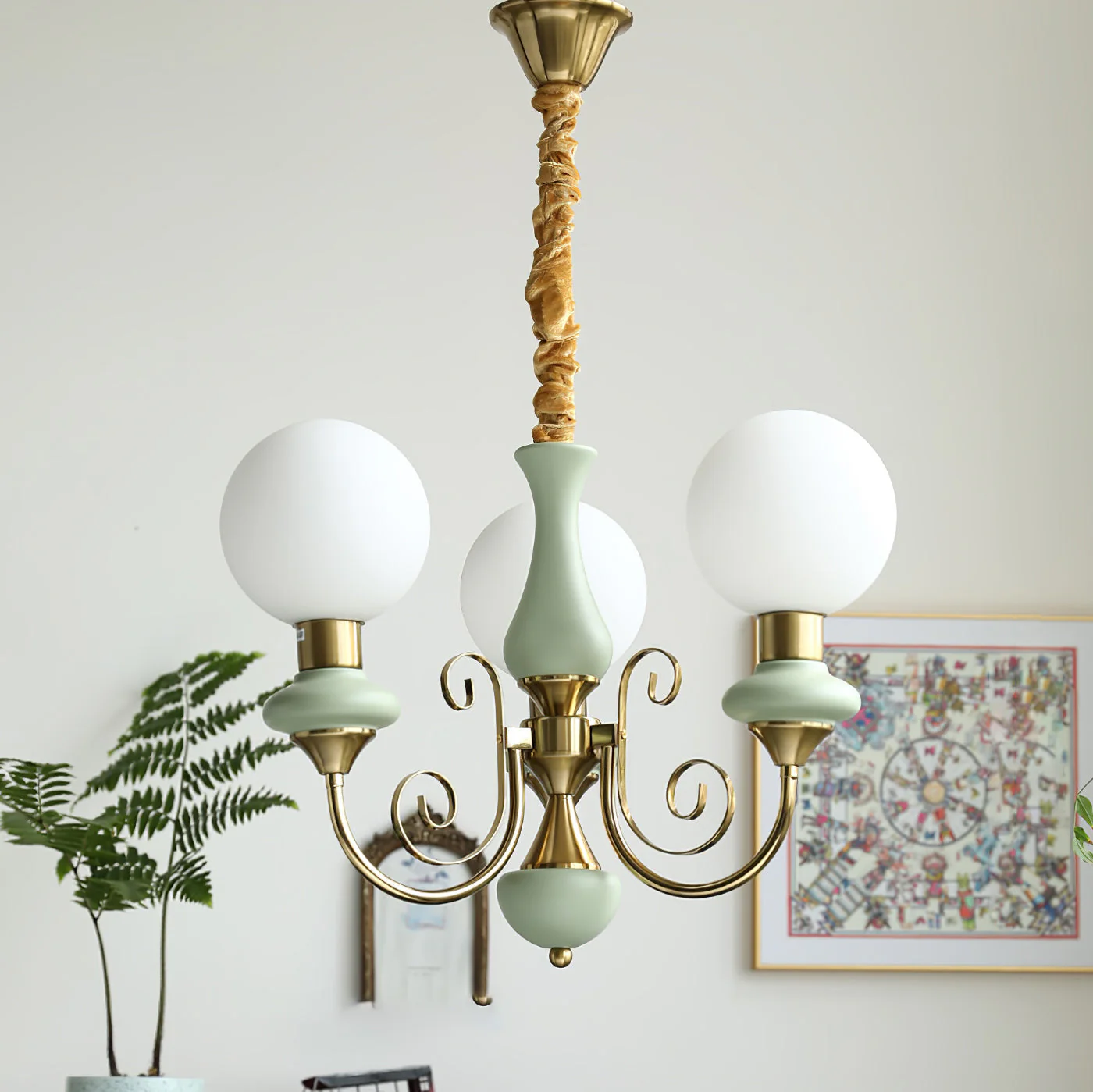 Lustra Chandelier Green Shades Gold Curved Arms - Image 102