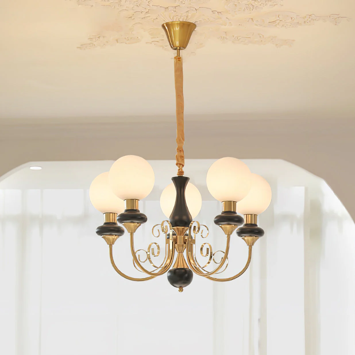 Lustra Chandelier Green Shades Gold Curved Arms - Image 105