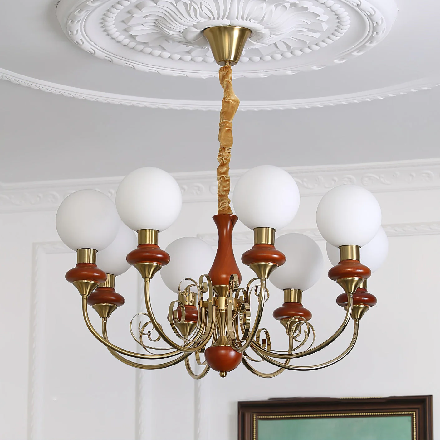 Lustra Chandelier Green Shades Gold Curved Arms - Image 110