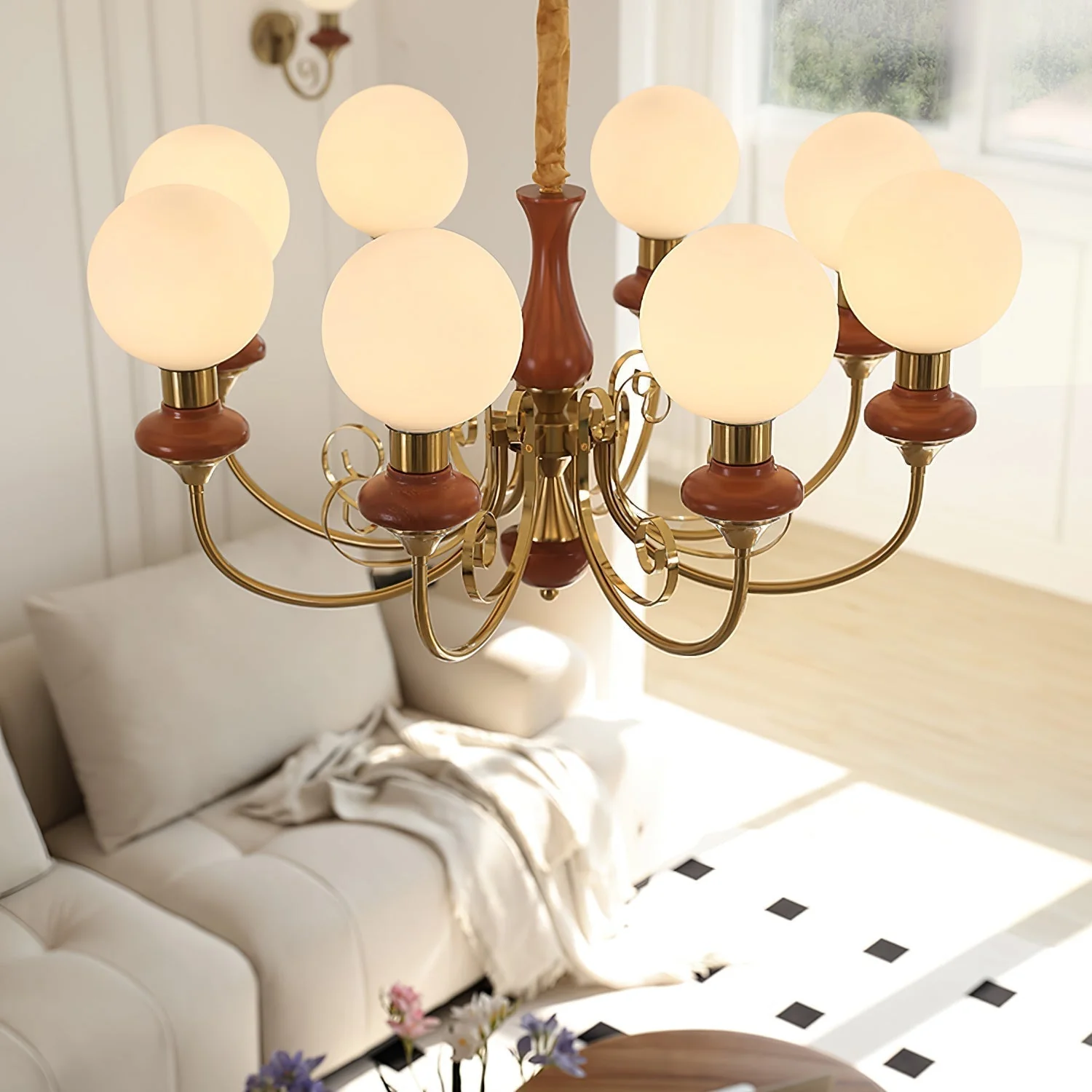 Lustra Chandelier Green Shades Gold Curved Arms - Image 111
