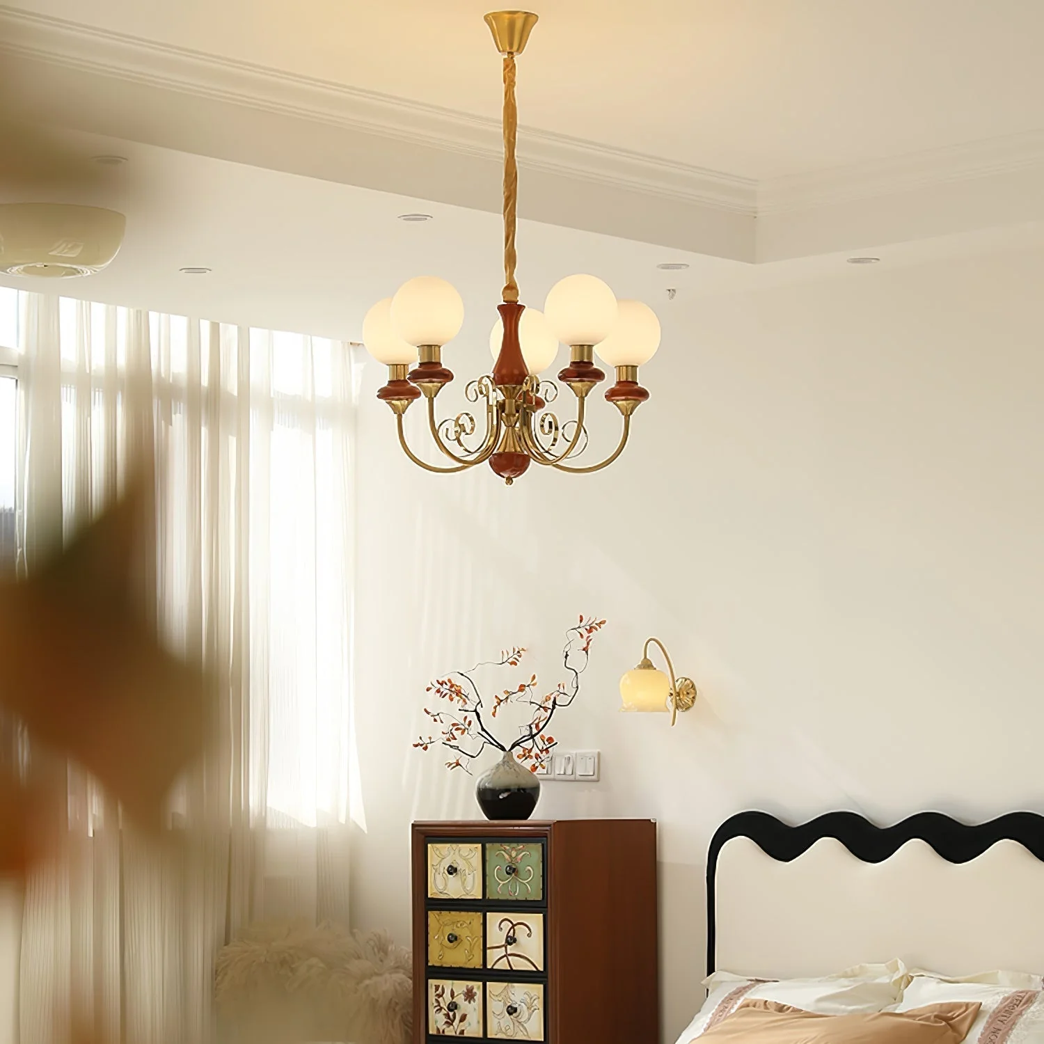 Lustra Chandelier Green Shades Gold Curved Arms - Image 112