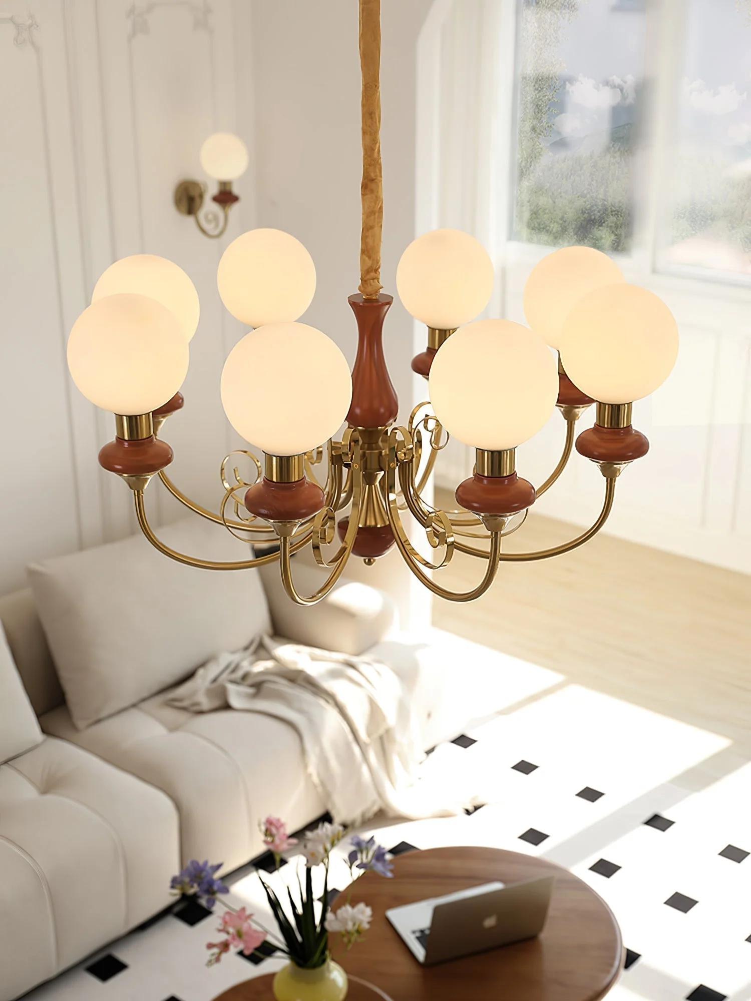 Lustra Chandelier Green Shades Gold Curved Arms - Image 113