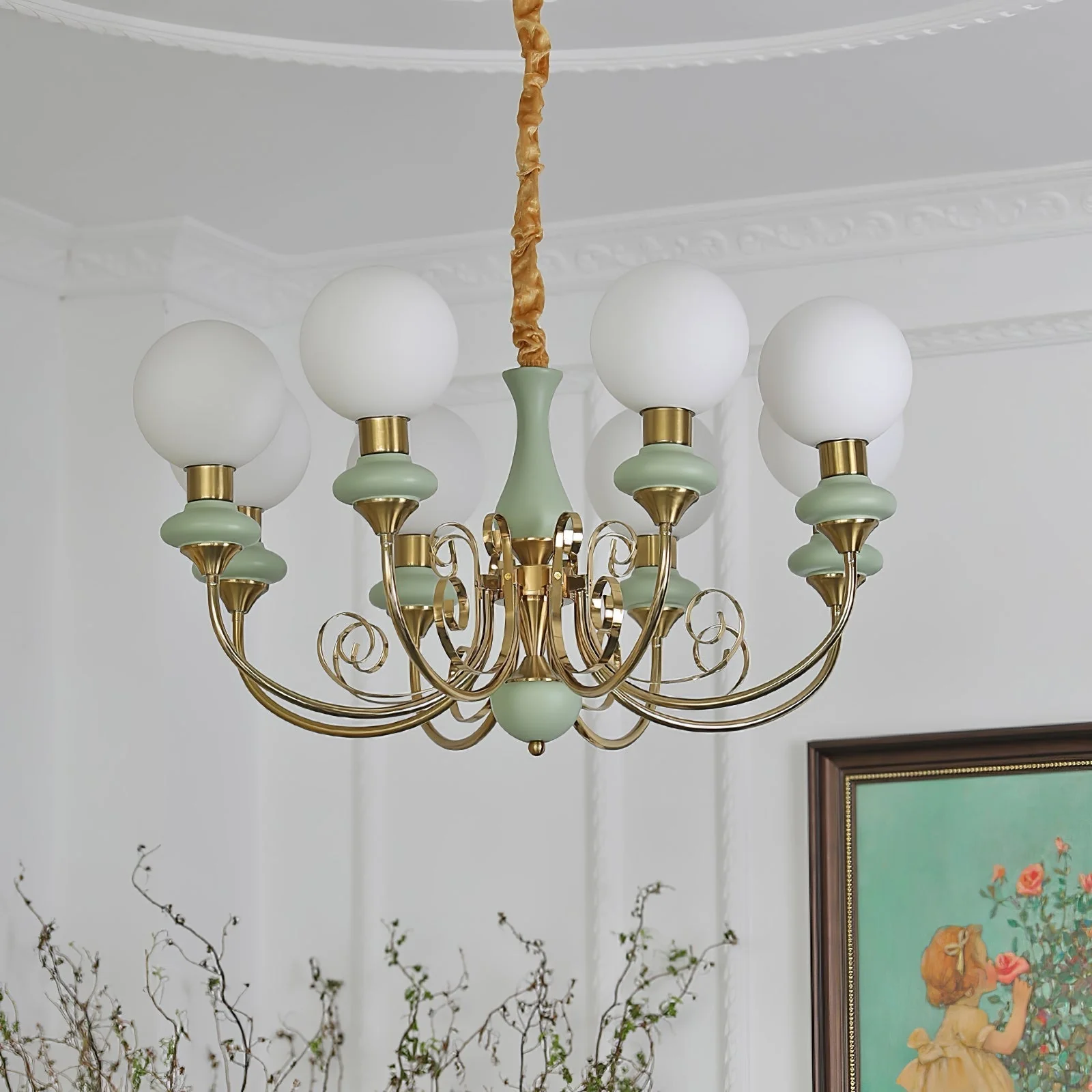 Lustra Chandelier Green Shades Gold Curved Arms - Image 114