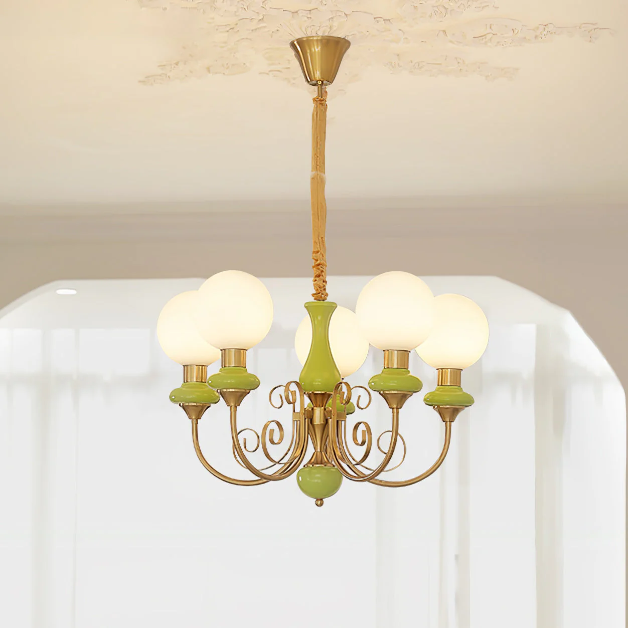 Lustra Chandelier Green Shades Gold Curved Arms - Image 13