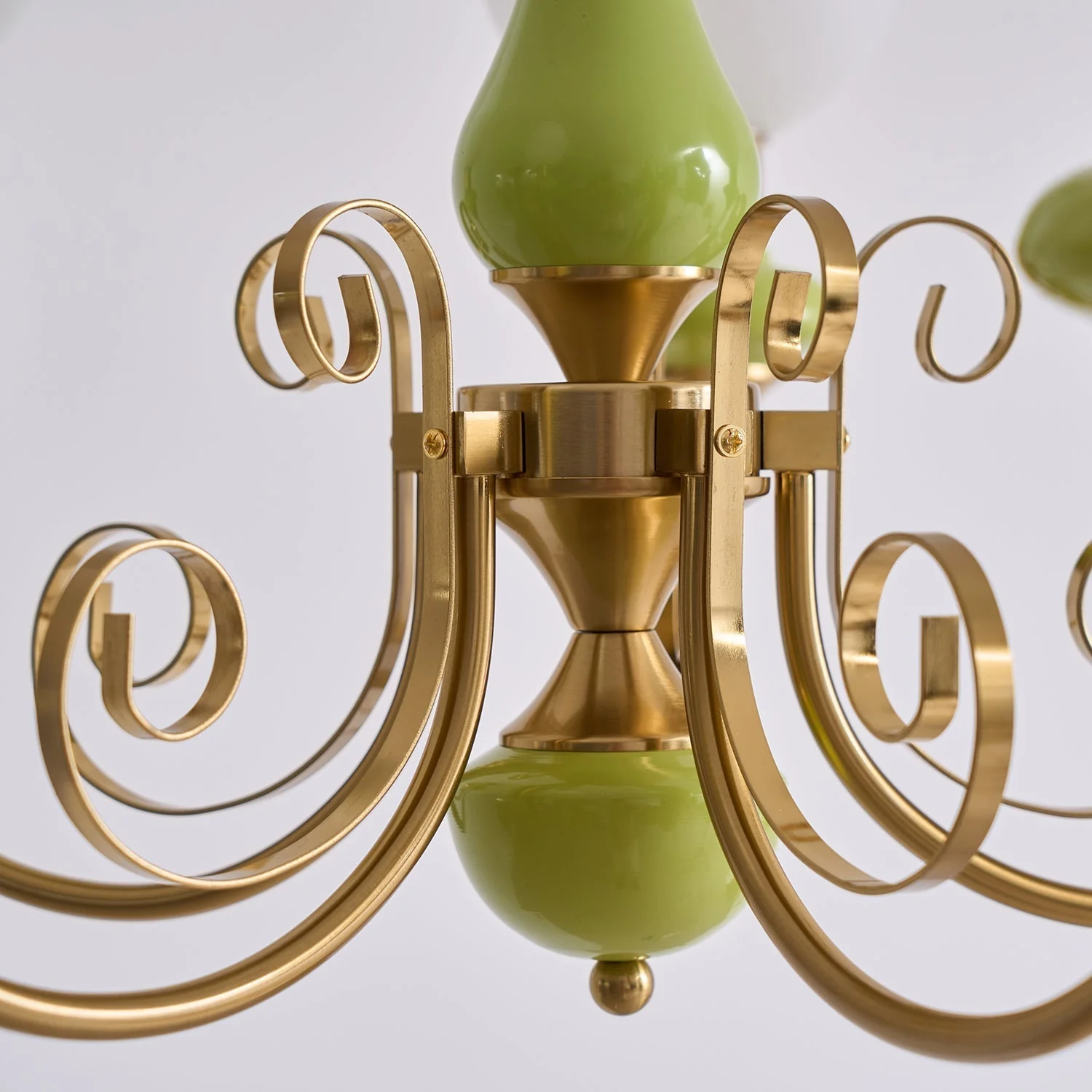 Lustra Chandelier Green Shades Gold Curved Arms - Image 14