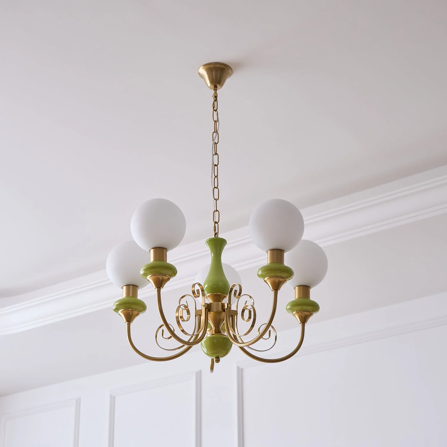 Lustra Chandelier Green Shades Gold Curved Arms - Image 16