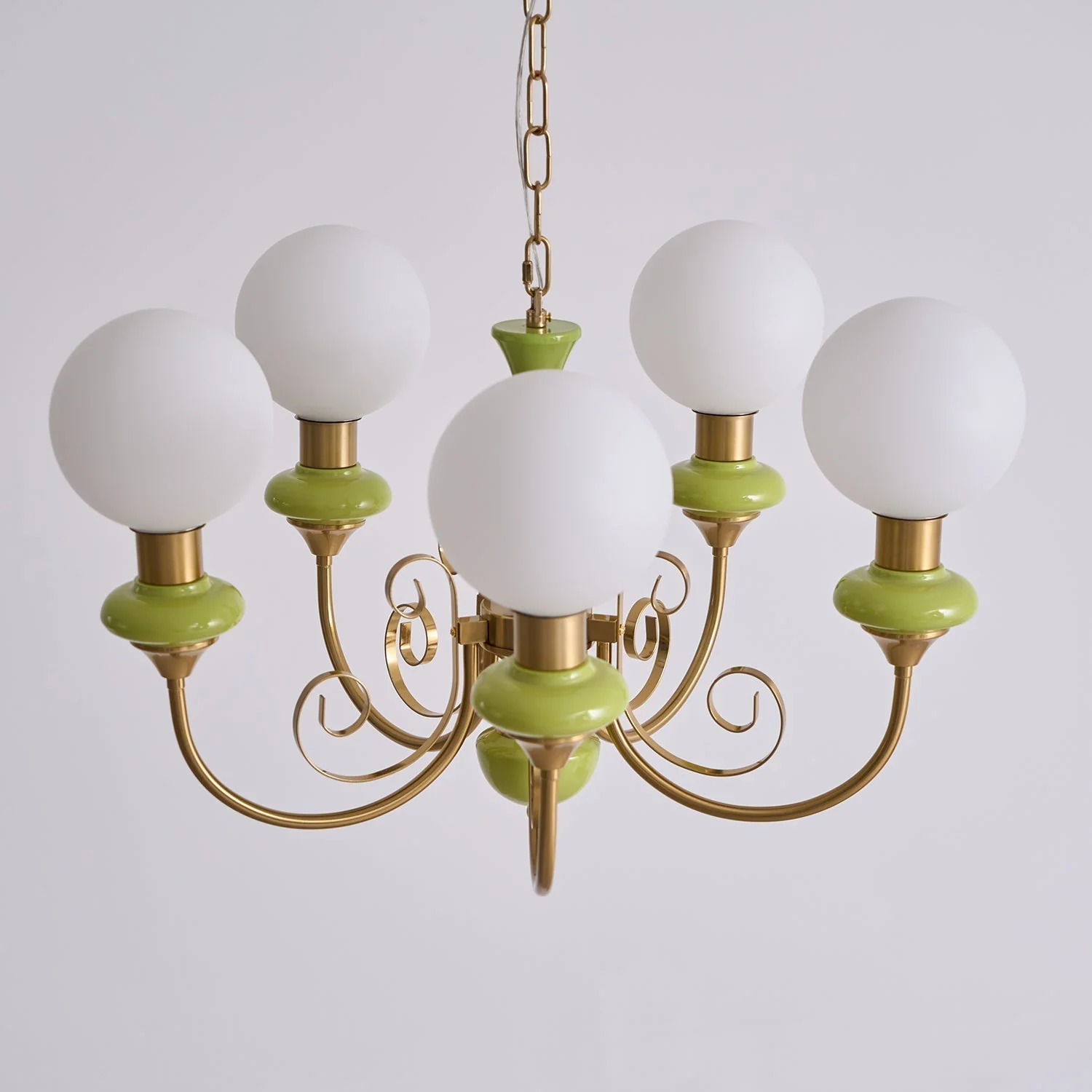 Lustra Chandelier Green Shades Gold Curved Arms - Image 18