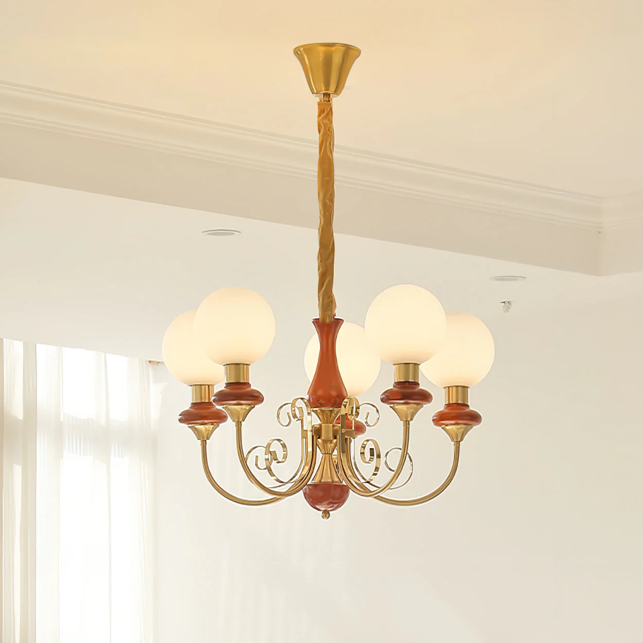 Lustra Chandelier Green Shades Gold Curved Arms - Image 19