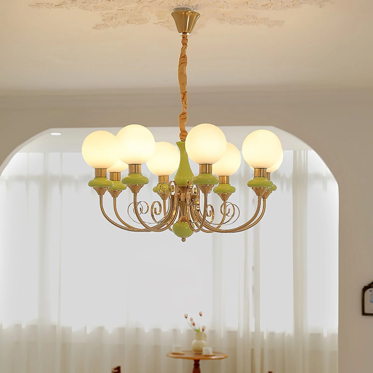 Lustra Chandelier Green Shades Gold Curved Arms - Image 20