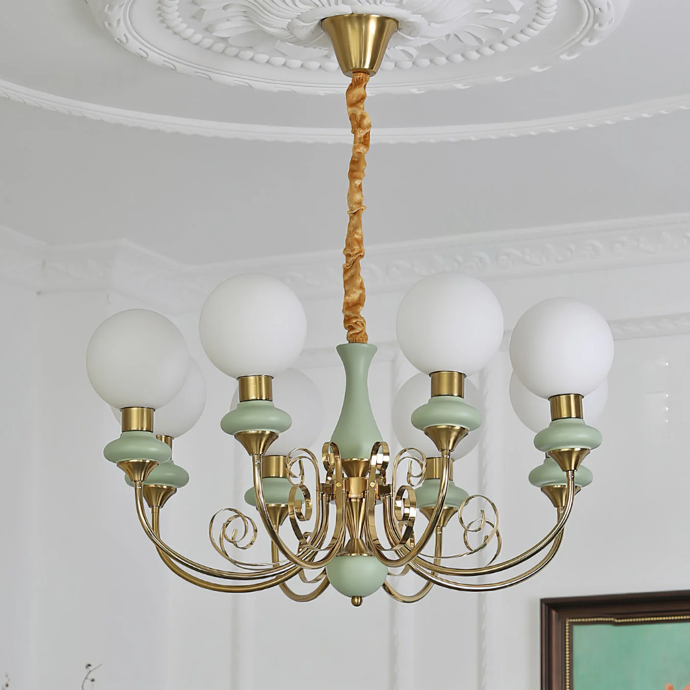 Lustra Chandelier Green Shades Gold Curved Arms - Image 22